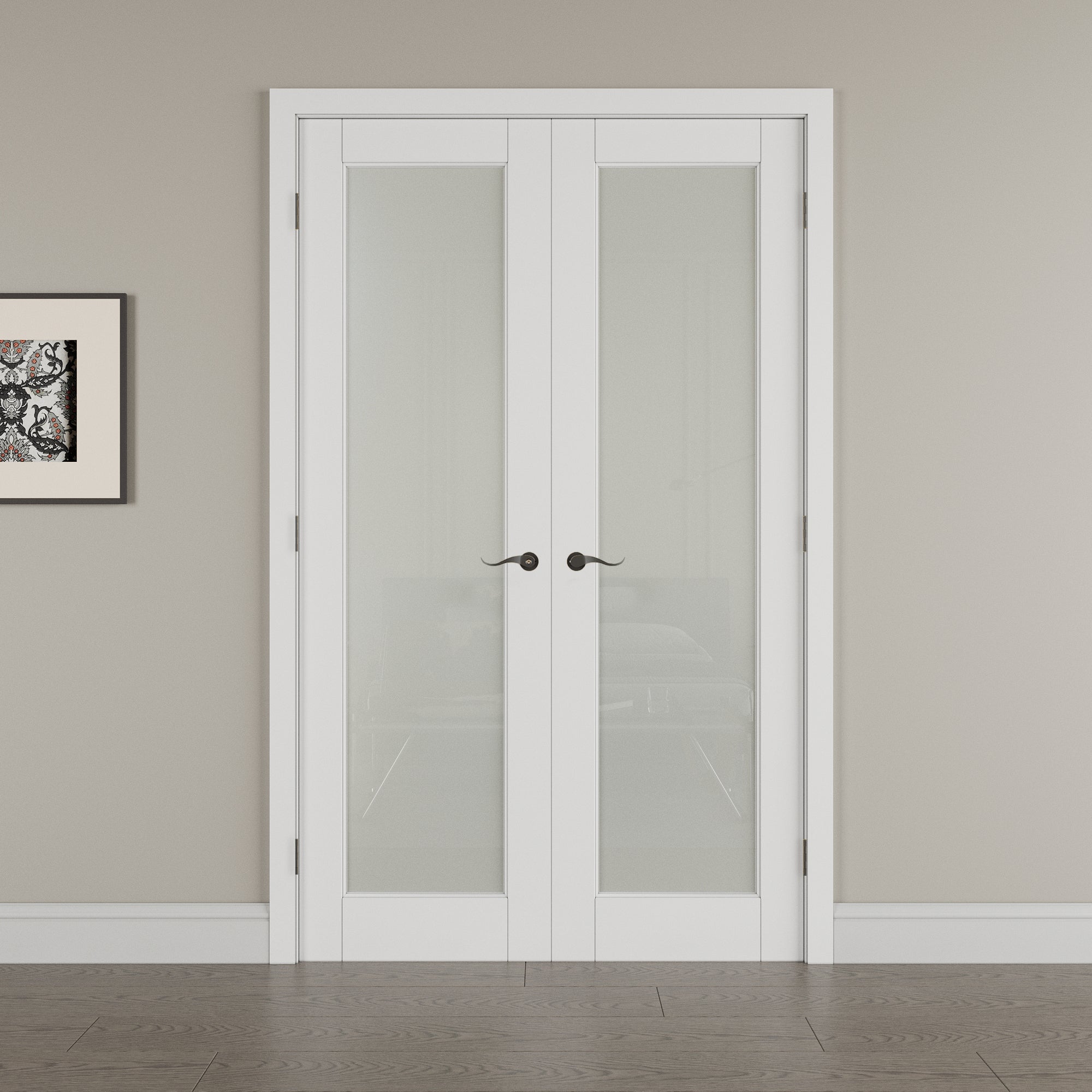 [Black Hardware Prehung French Door Collection] 1-Lite Frosted Glass White Solid Core Double Prehung French Door with Ready-to-Assemble Jamb