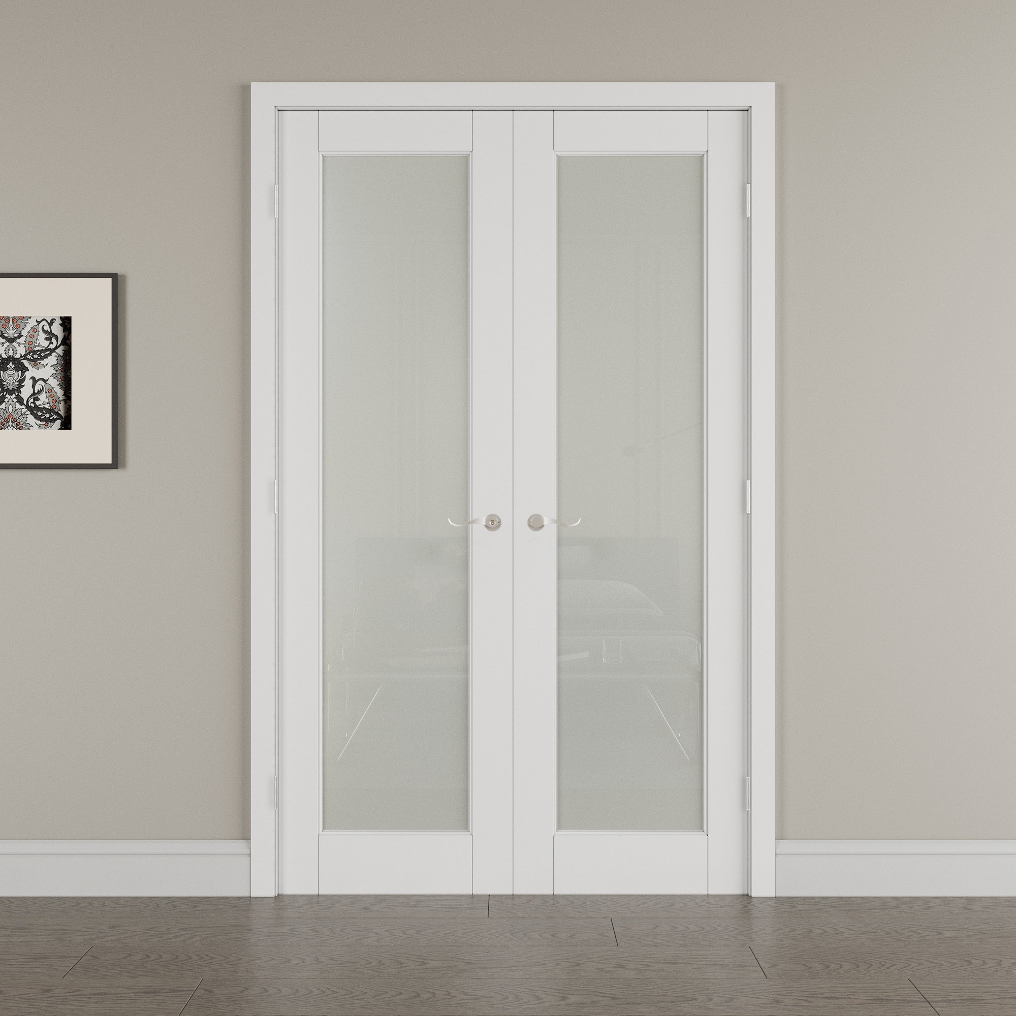 [Silver Hardware Prehung French Door Collection] 1-Lite Frosted Glass White Solid Core Double Prehung French Door with Sliver Handware kit & Ready-to-Assemble Jamb