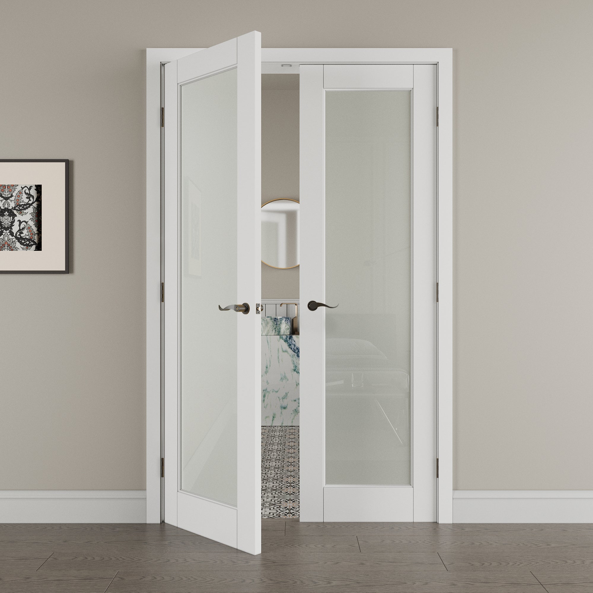 [Black Hardware Prehung French Door Collection] 1-Lite Frosted Glass White Solid Core Double Prehung French Door with Ready-to-Assemble Jamb