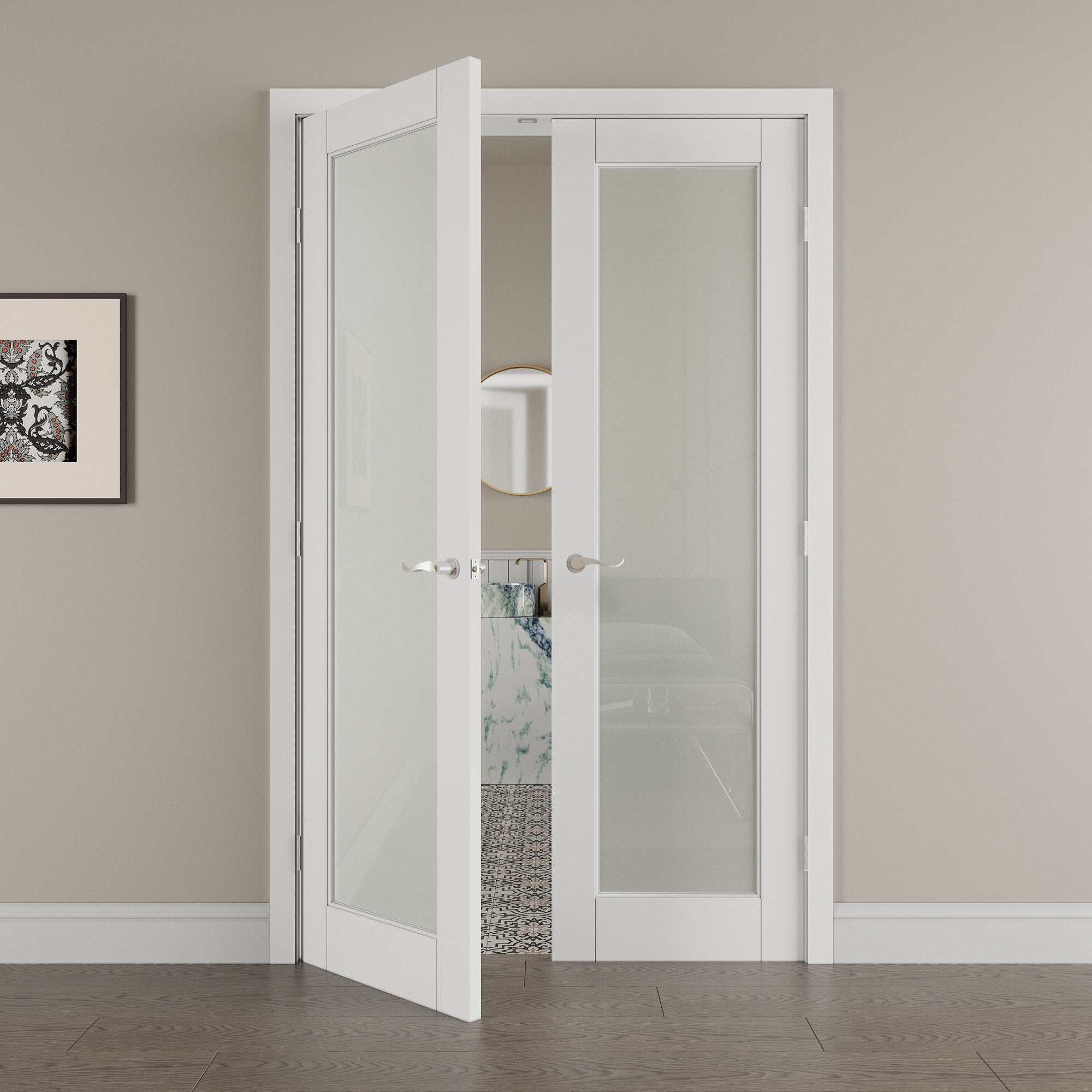 [Silver Hardware Prehung French Door Collection] 1-Lite Frosted Glass White Solid Core Double Prehung French Door with Sliver Handware kit & Ready-to-Assemble Jamb