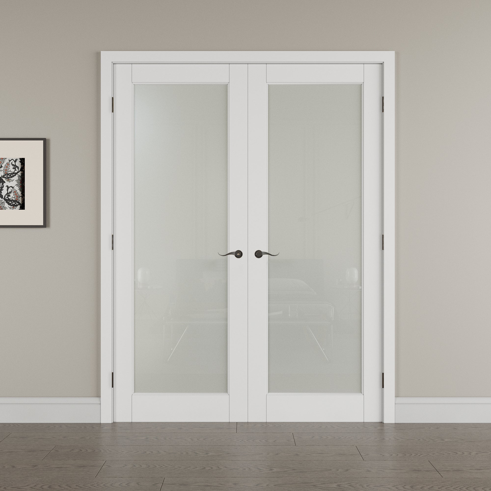 [Black Hardware Prehung French Door Collection] 1-Lite Frosted Glass White Solid Core Double Prehung French Door with Ready-to-Assemble Jamb