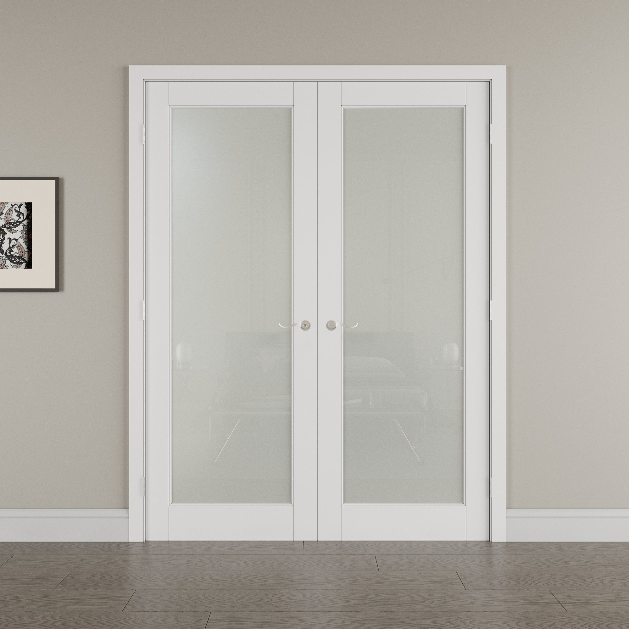 [Silver Hardware Prehung French Door Collection] 1-Lite Frosted Glass White Solid Core Double Prehung French Door with Sliver Handware kit & Ready-to-Assemble Jamb