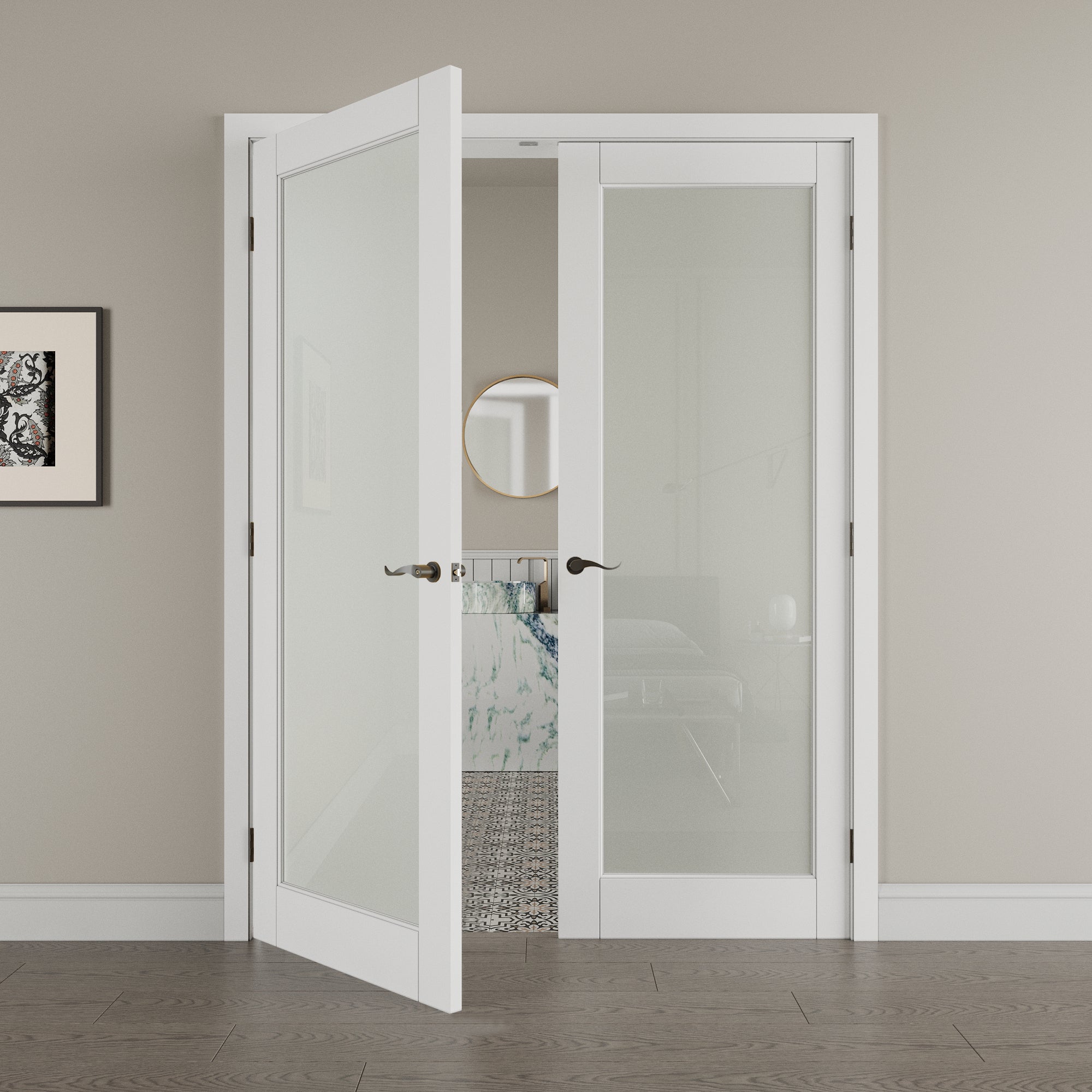[Black Hardware Prehung French Door Collection] 1-Lite Frosted Glass White Solid Core Double Prehung French Door with Ready-to-Assemble Jamb