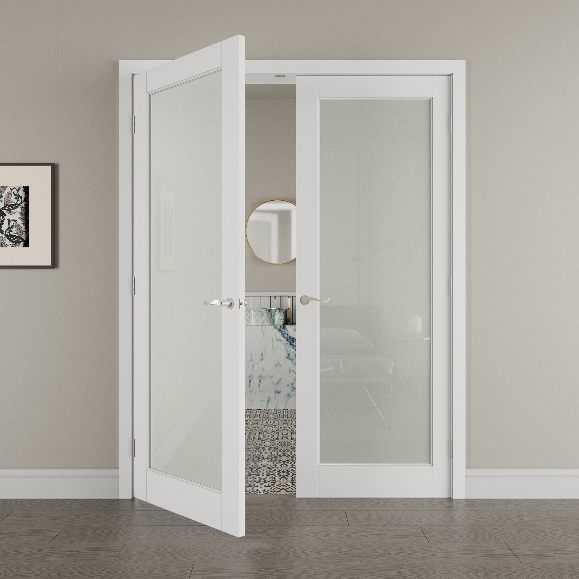 [Silver Hardware Prehung French Door Collection] 1-Lite Frosted Glass White Solid Core Double Prehung French Door with Sliver Handware kit & Ready-to-Assemble Jamb