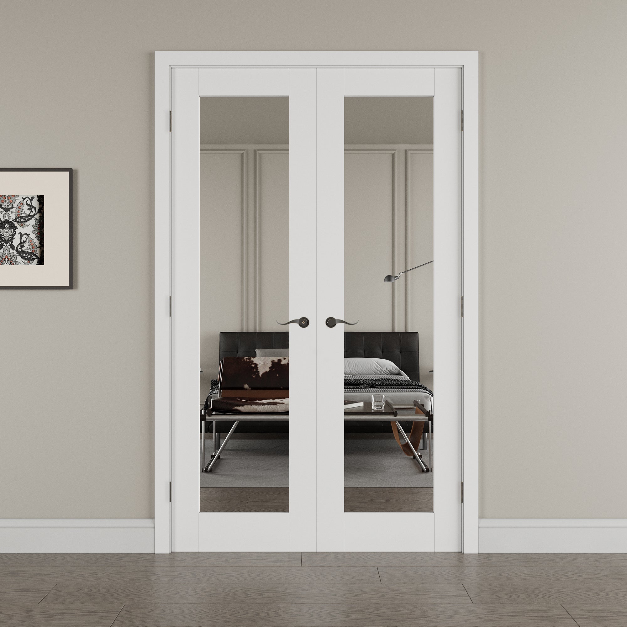 [Black Hardware Prehung French Door Collection] One-Side Mirror White Solid Core Double Prehung French Door with Ready-to-Assemble Jamb