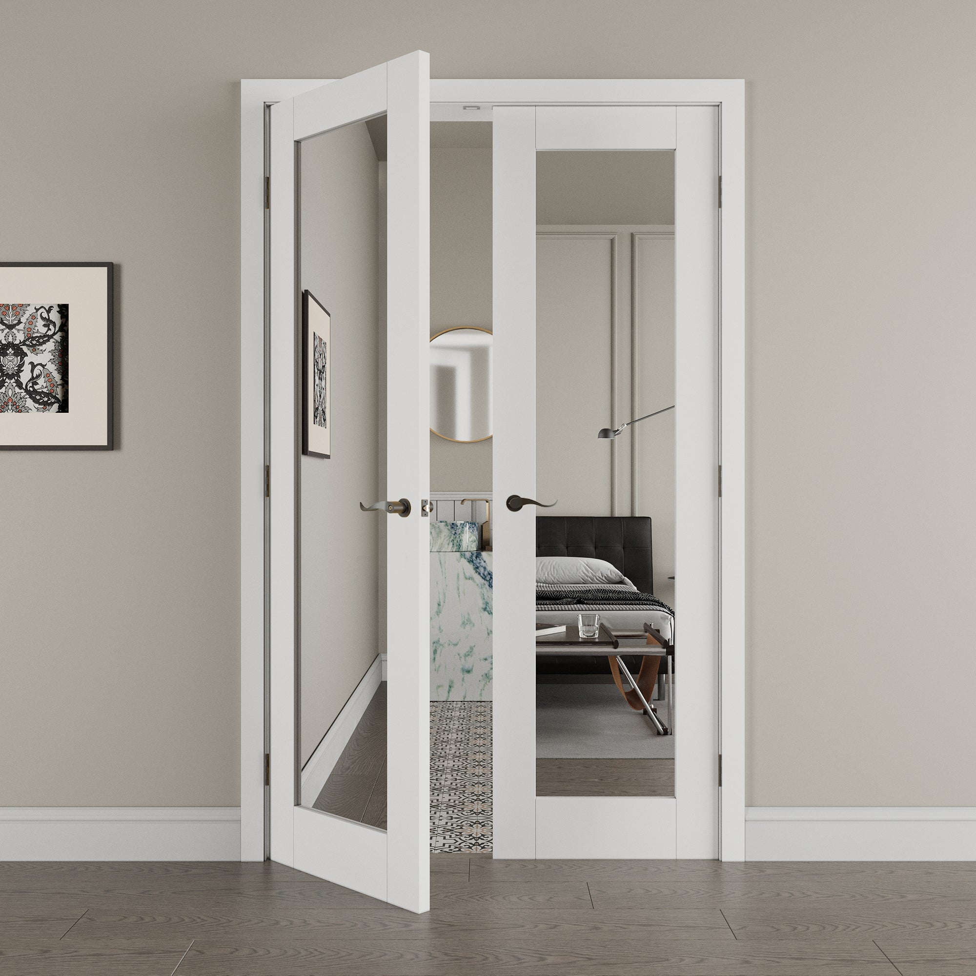 [Black Hardware Prehung French Door Collection] One-Side Mirror White Solid Core Double Prehung French Door with Ready-to-Assemble Jamb