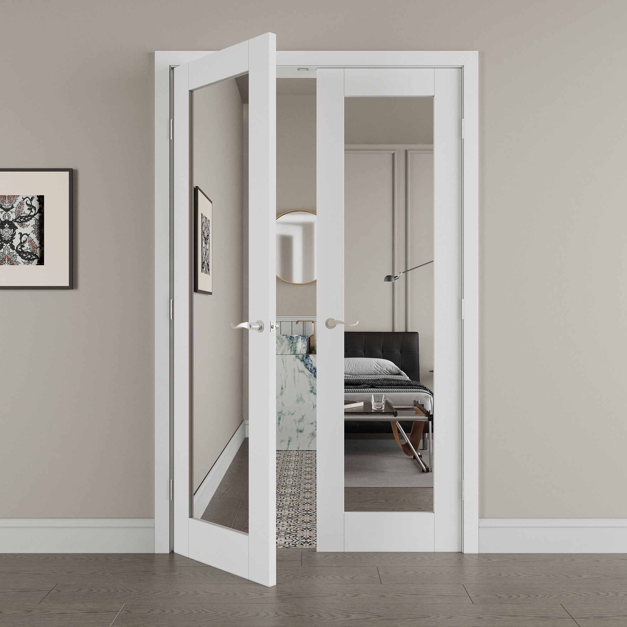 [Silver Hardware Prehung French Door Collection] 1-Lite Mirror White Solid Core Double Prehung French Door with Silver Handware & Ready-to-Assemble Jamb