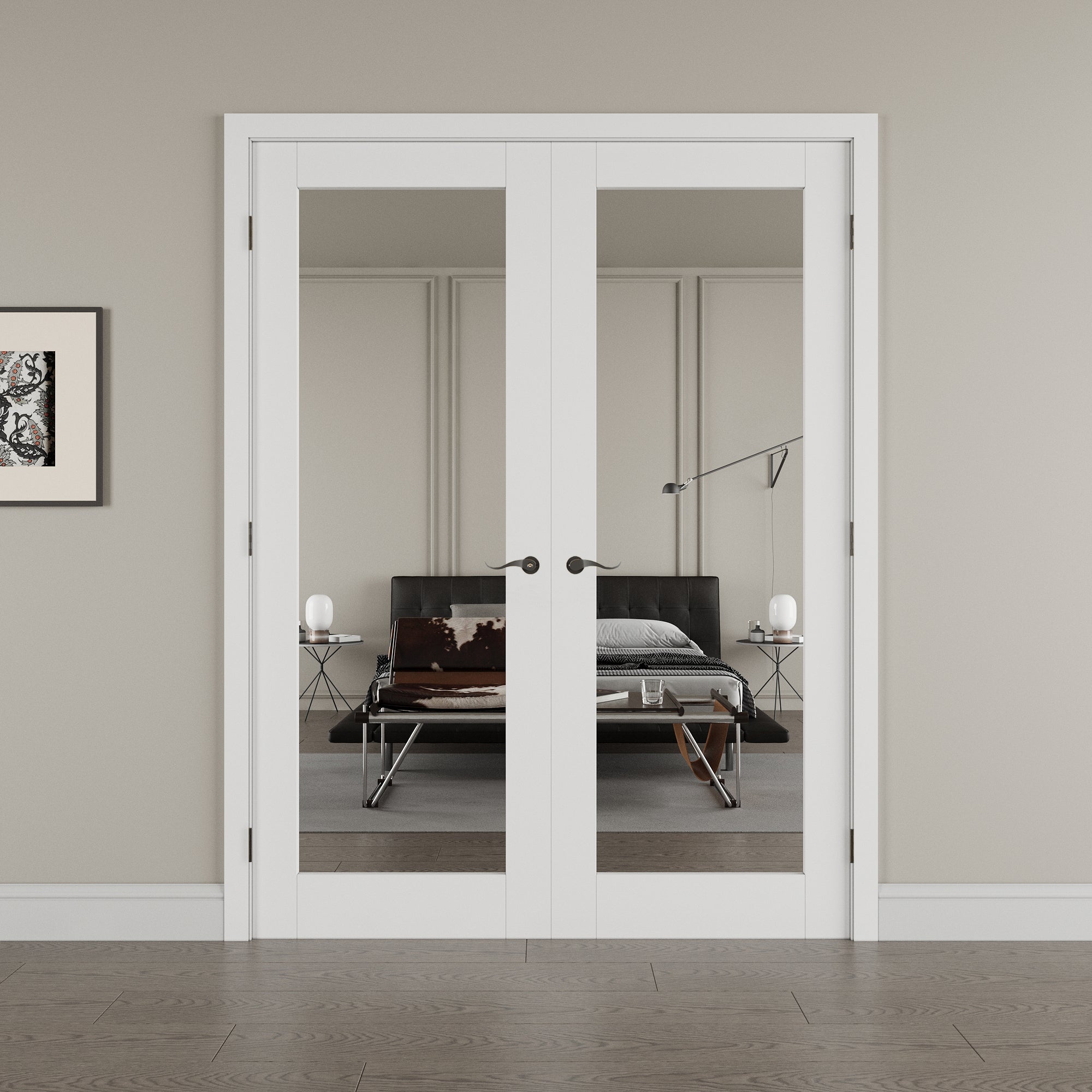 [Black Hardware Prehung French Door Collection] One-Side Mirror White Solid Core Double Prehung French Door with Ready-to-Assemble Jamb