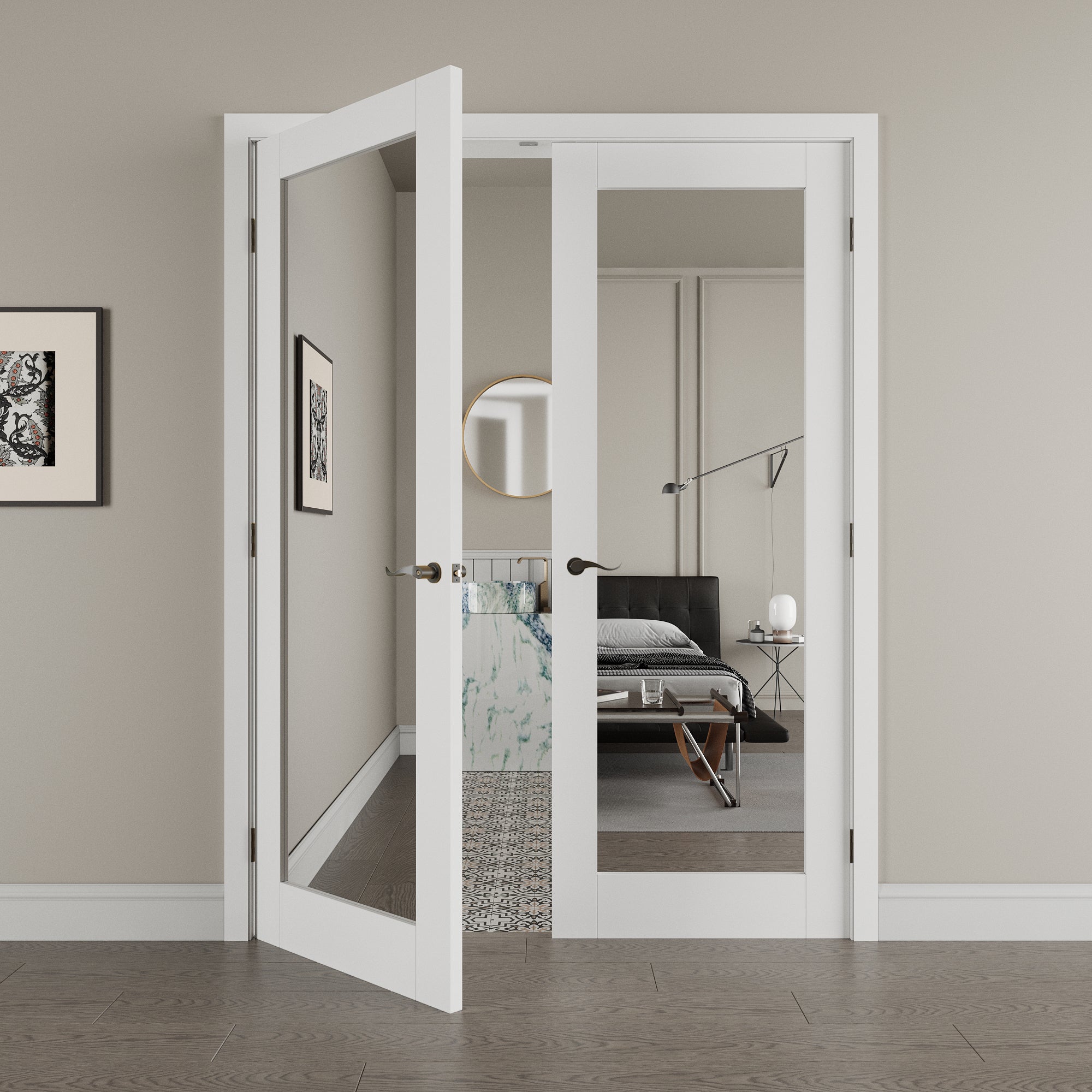 [Black Hardware Prehung French Door Collection] One-Side Mirror White Solid Core Double Prehung French Door with Ready-to-Assemble Jamb