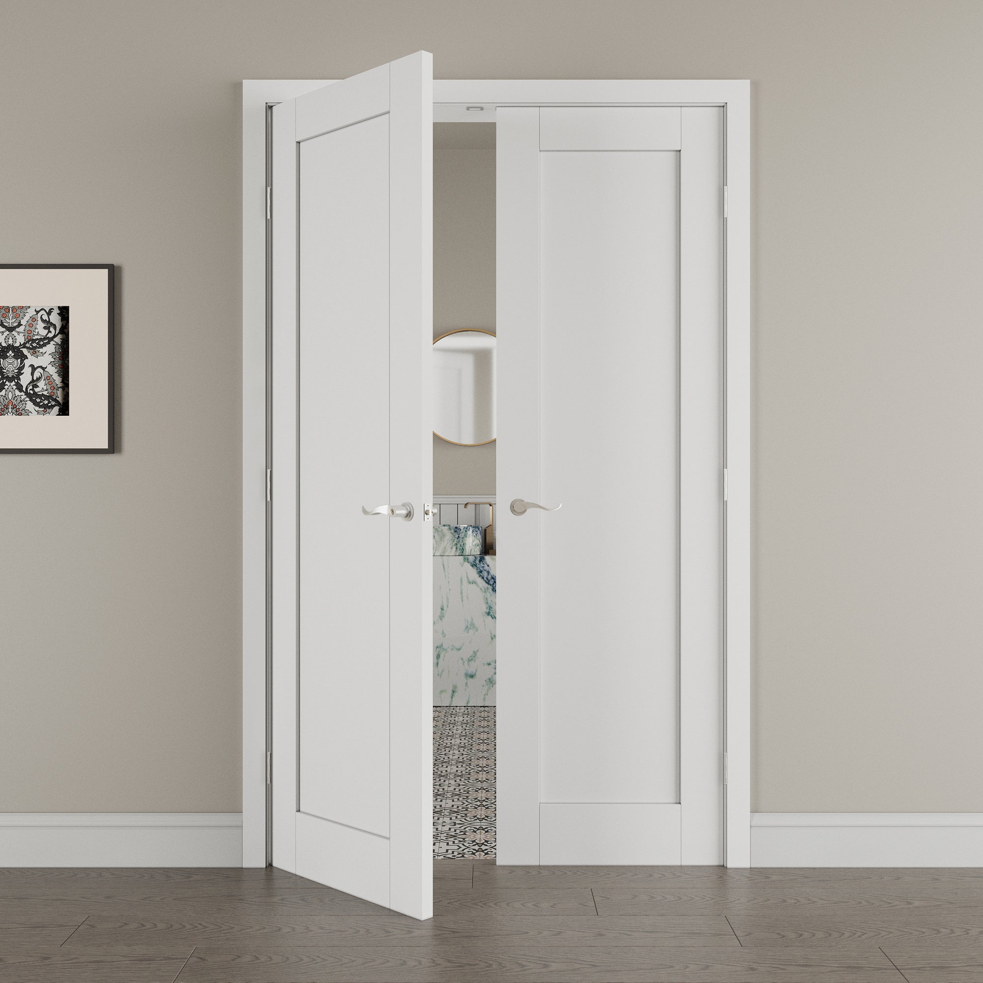 [Silver Hardware Prehung French Door Collection] 1-Lite Panel French Door with Sliver Hardware Kit & Ready-to-Assemble Jamb, Solid Core MDF Wood, White