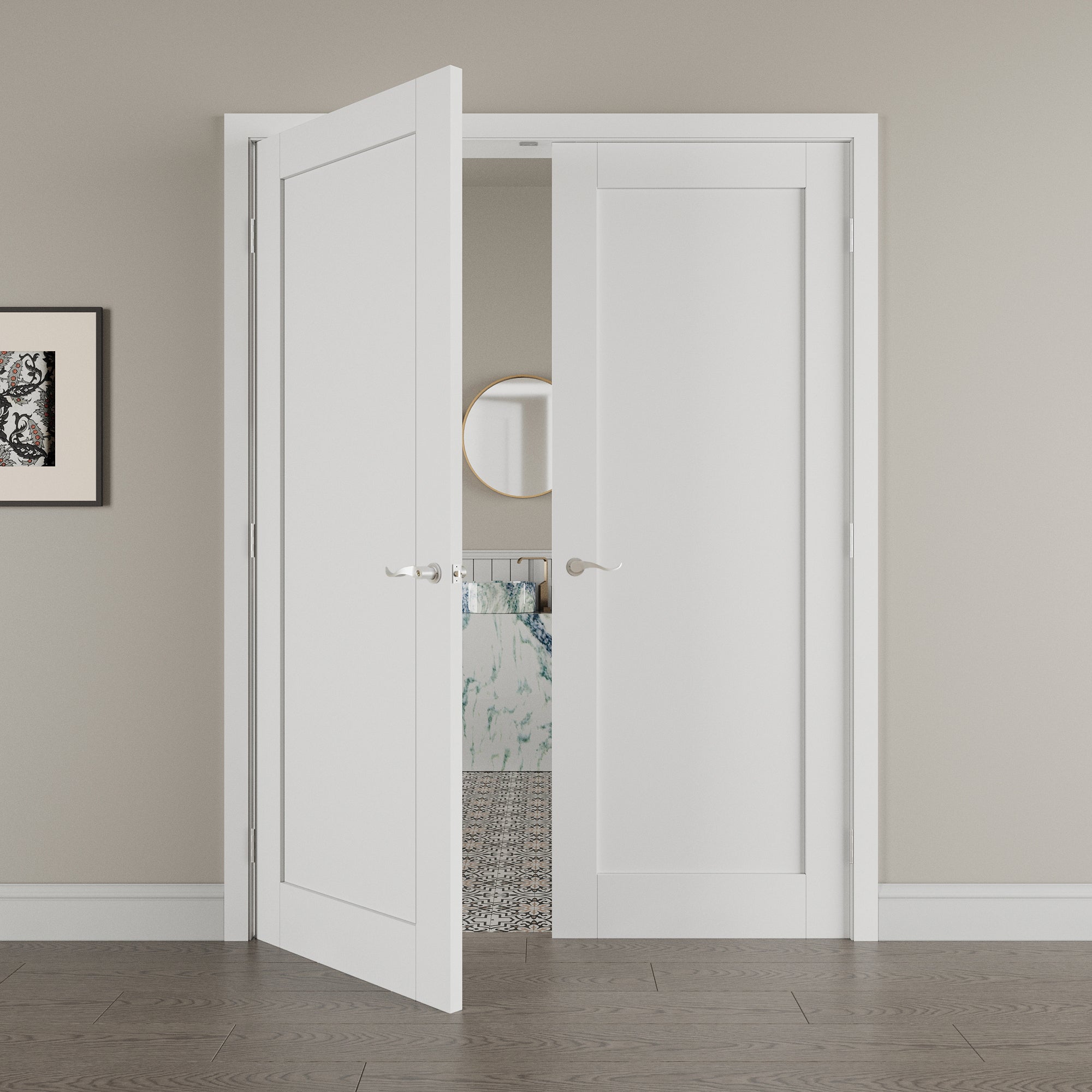 [Silver Hardware Prehung French Door Collection] 1-Lite Panel French Door with Sliver Hardware Kit & Ready-to-Assemble Jamb, Solid Core MDF Wood, White