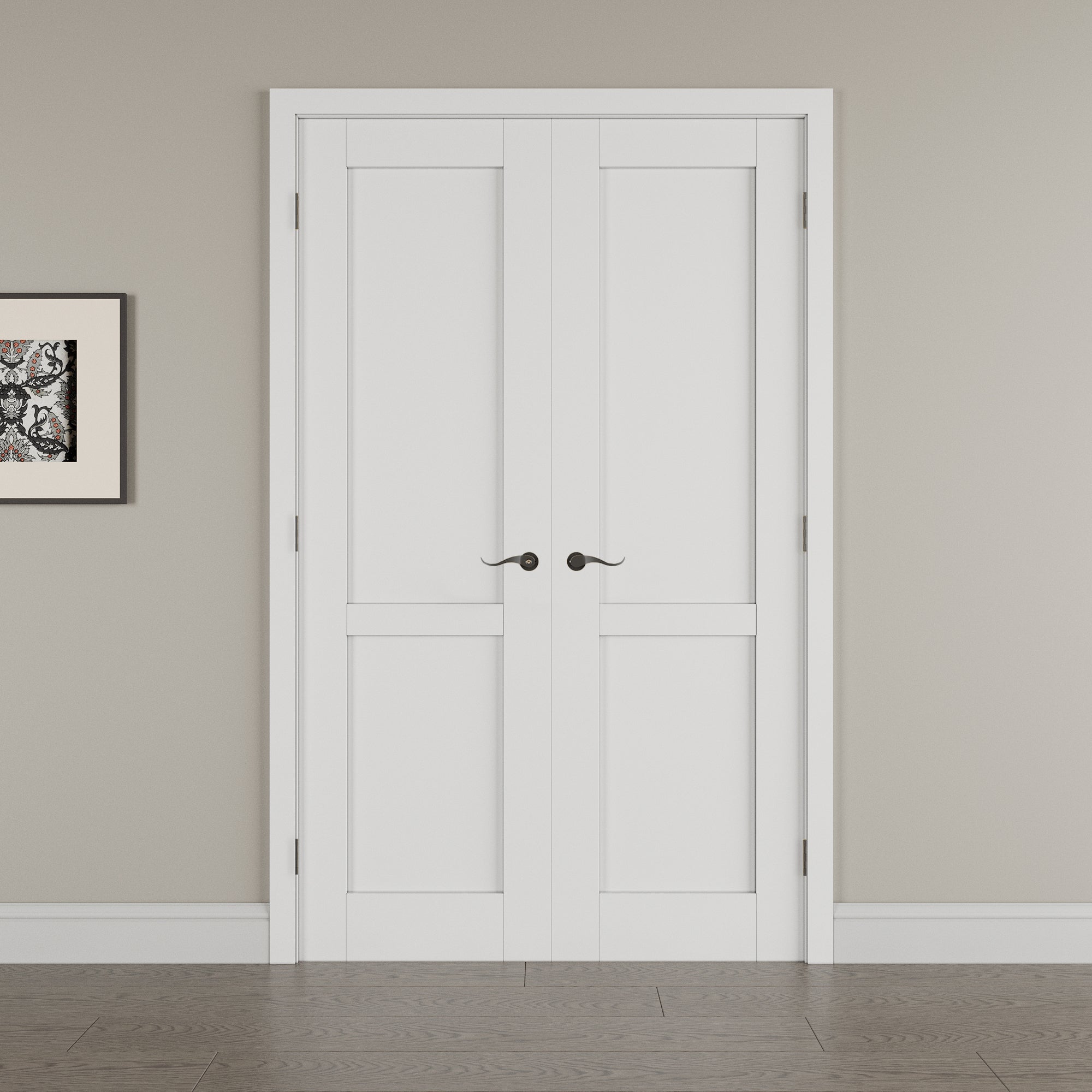 [Black Hardware Prehung French Door Collection] 2-Lite Panel French Door with Hardware Kit & Ready-to-Assemble Jamb, Solid Core MDF Wood, White