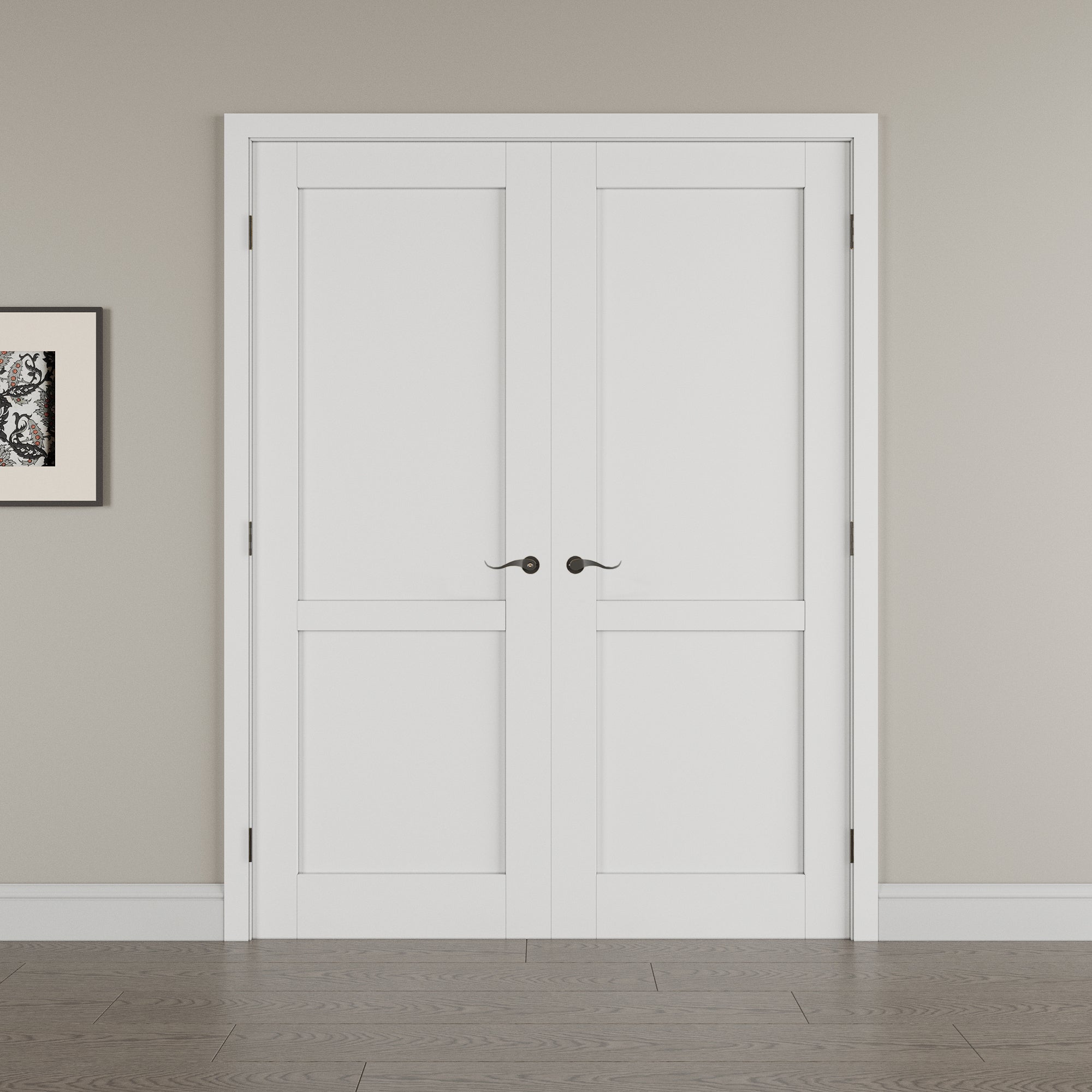 [Black Hardware Prehung French Door Collection] 2-Lite Panel French Door with Hardware Kit & Ready-to-Assemble Jamb, Solid Core MDF Wood, White
