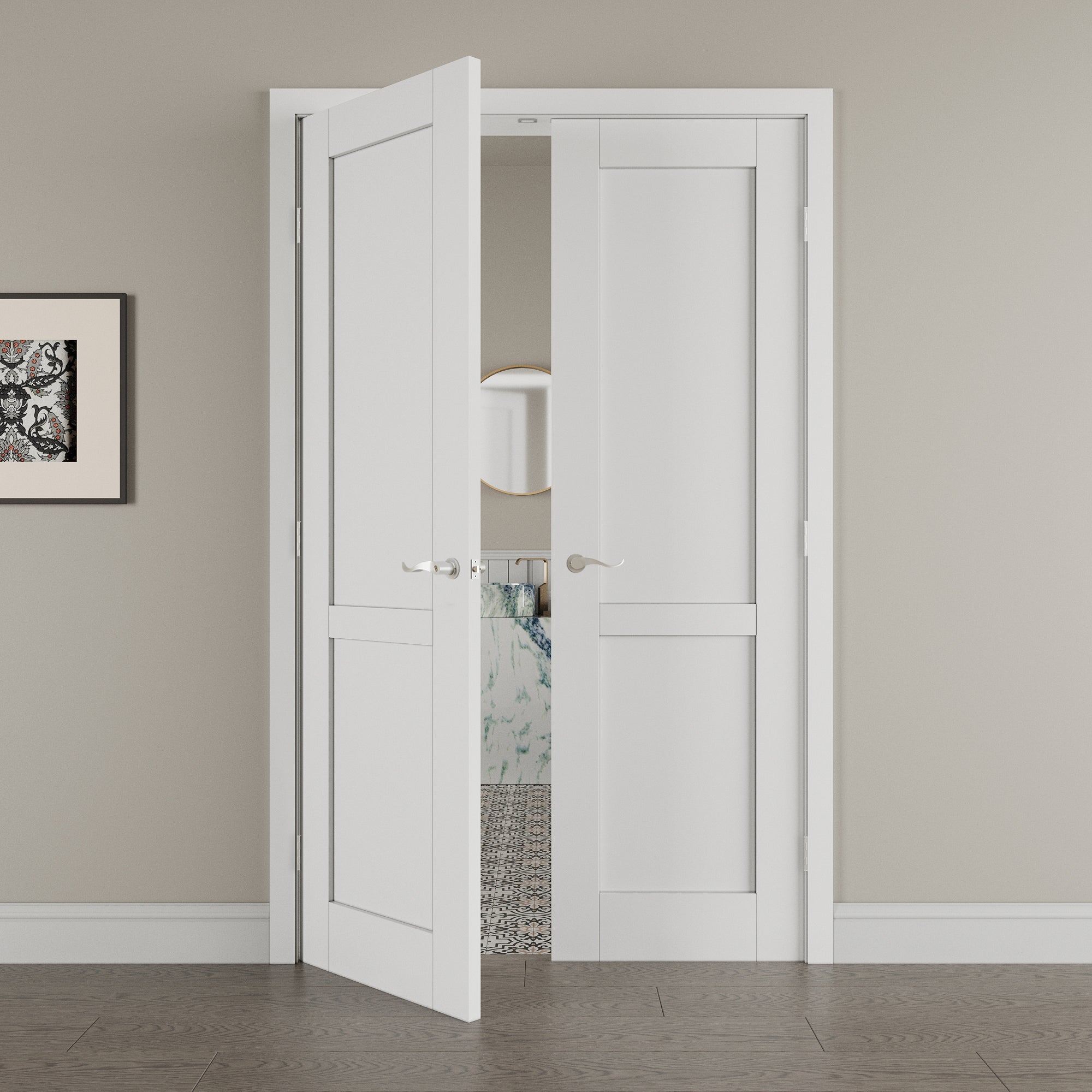 [Silver Hardware Prehung French Door Collection] 2-Lite Panel French Door with Sliver Hardware Kit & Ready-to-Assemble Jamb, Solid Core MDF Wood, White