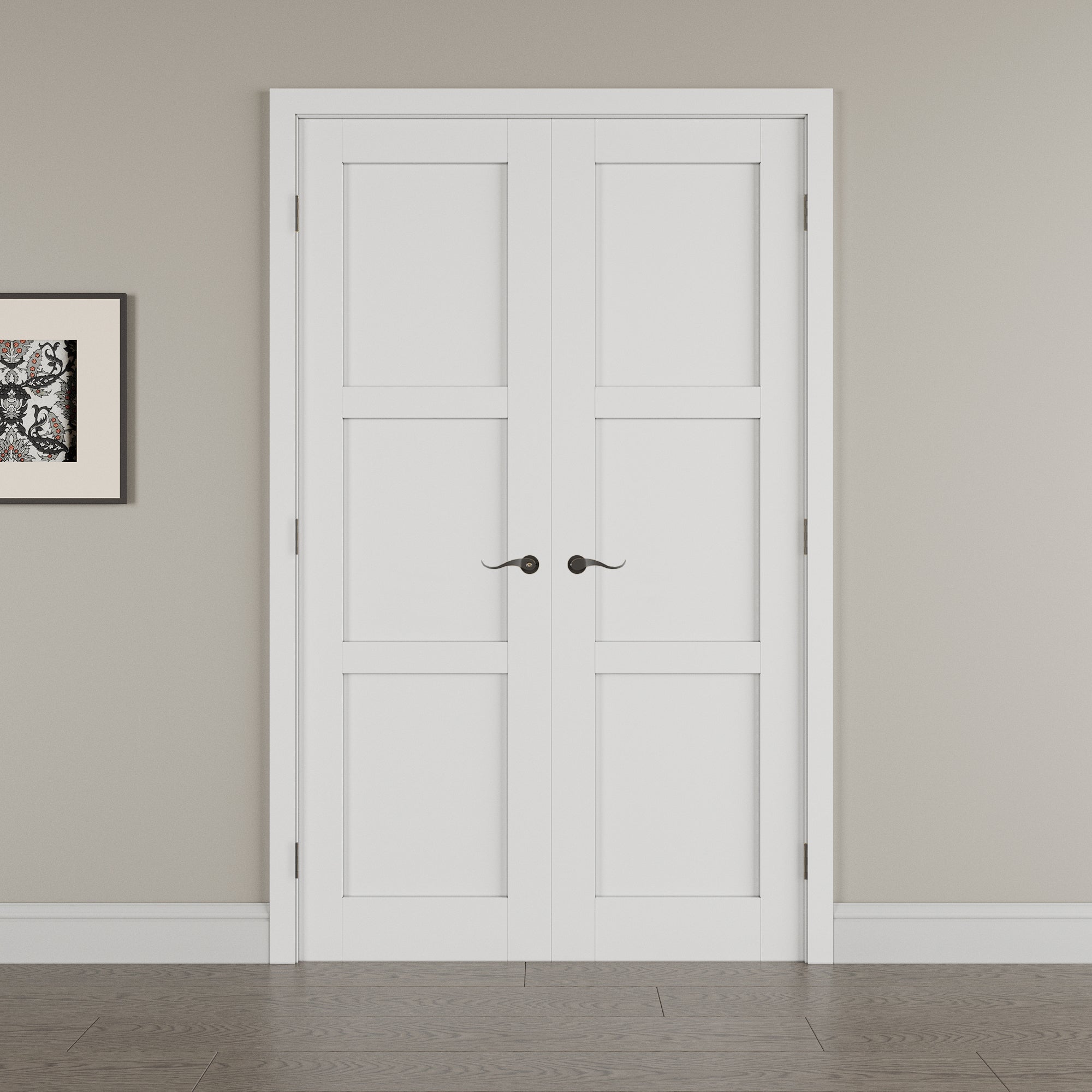 [Black Hardware Prehung French Door Collection] 3-Lite Panel French Door with Hardware Kit & Ready-to-Assemble Jamb, Solid Core MDF Wood, White