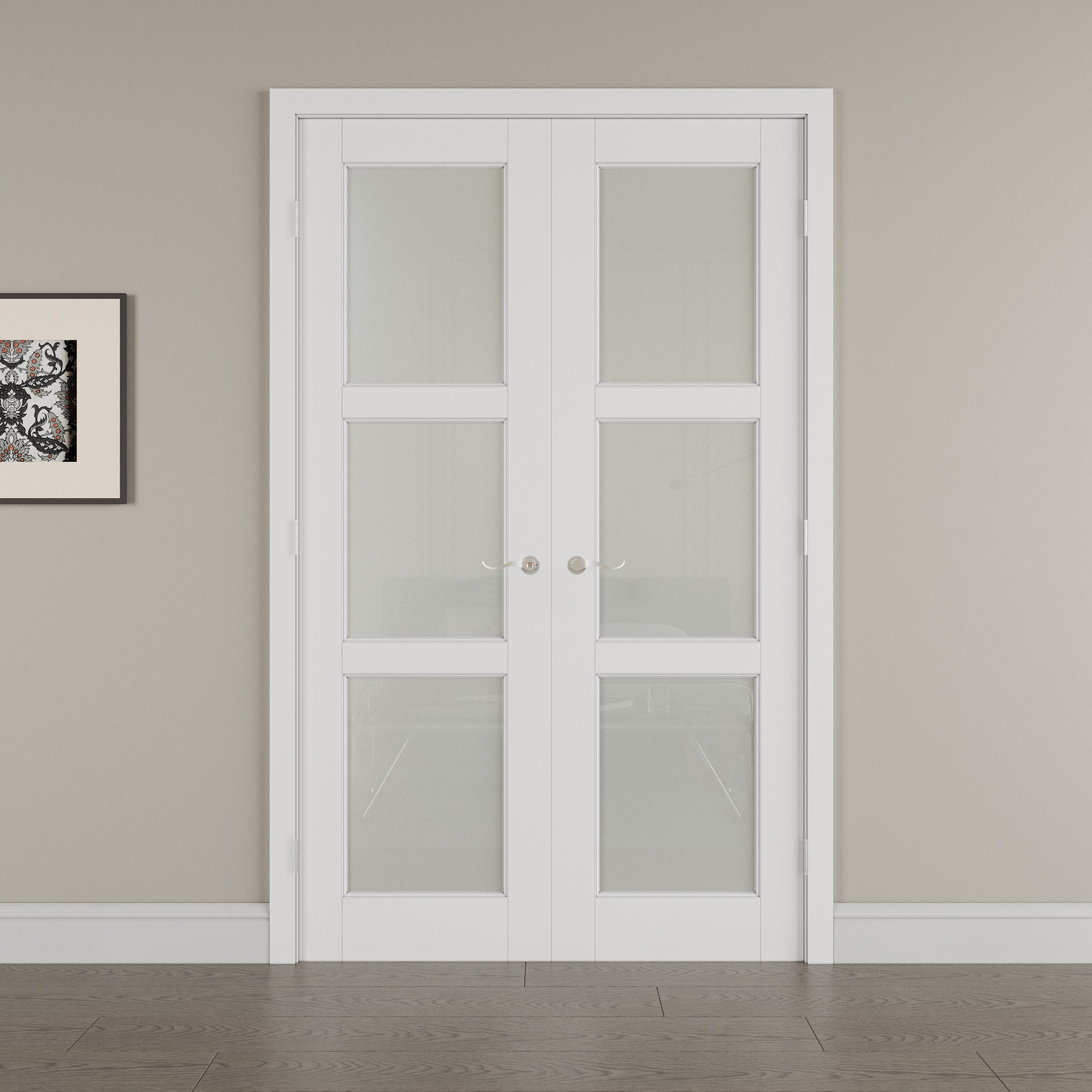 [Silver Hardware Prehung French Door Collection] 3 Lite Frosted Glass White Solid Core Double Prehung French Door with Sliver Handware kit & Ready-to-Assemble Jamb
