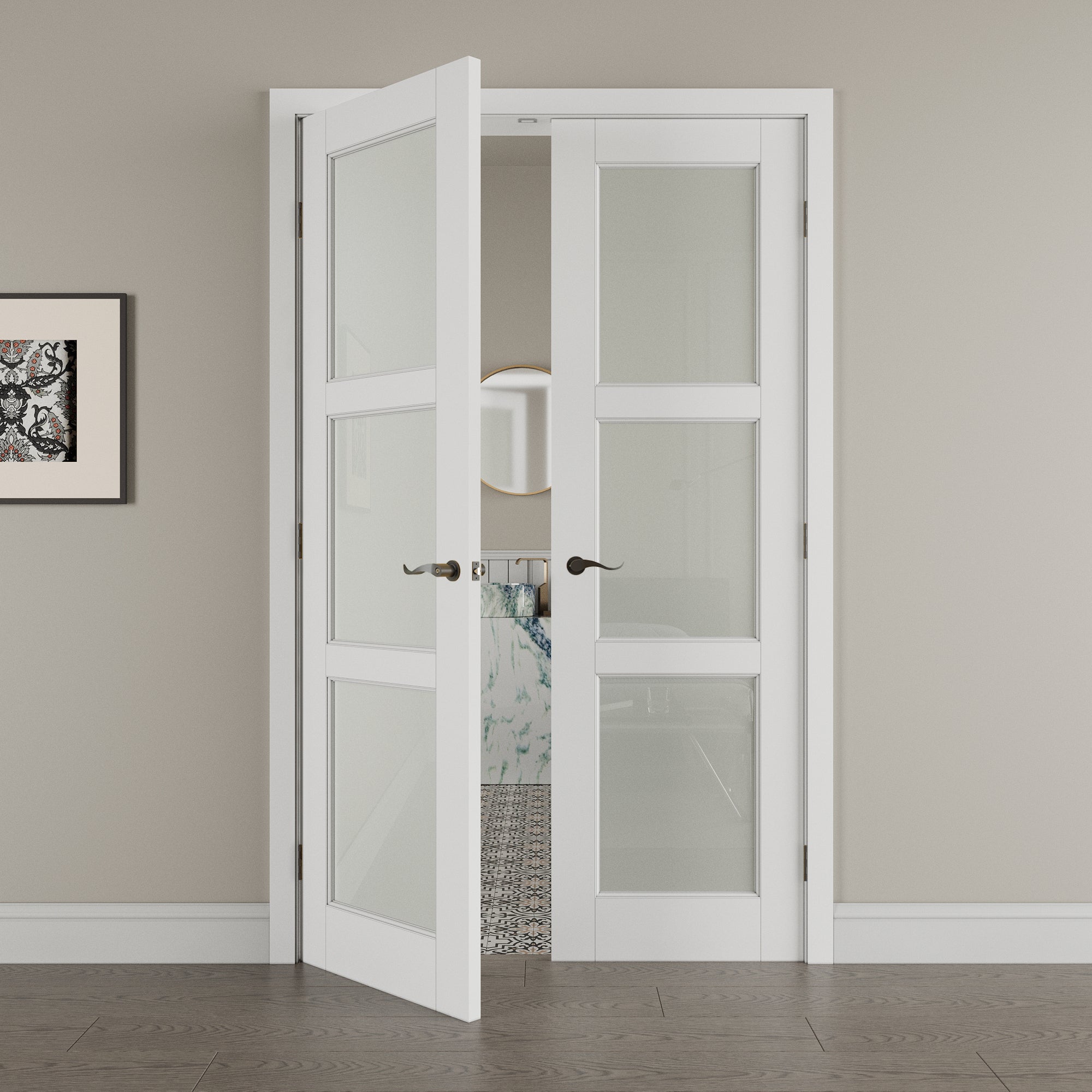 [Black Hardware Prehung French Door Collection] 3 Lite Frosted Glass White Solid Core Double Prehung French Door with Ready-to-Assemble Jamb