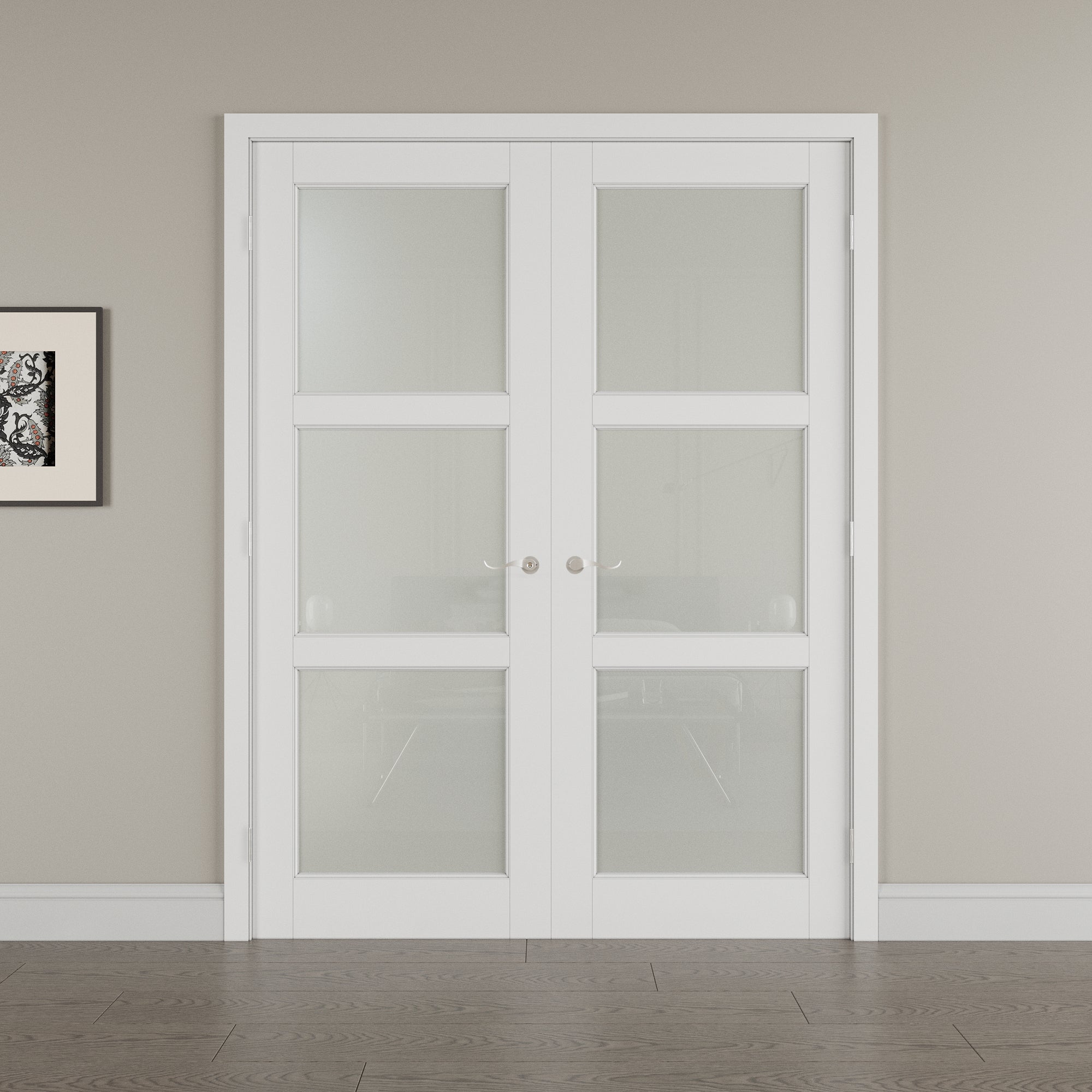 [Silver Hardware Prehung French Door Collection] 3 Lite Frosted Glass White Solid Core Double Prehung French Door with Sliver Handware kit & Ready-to-Assemble Jamb