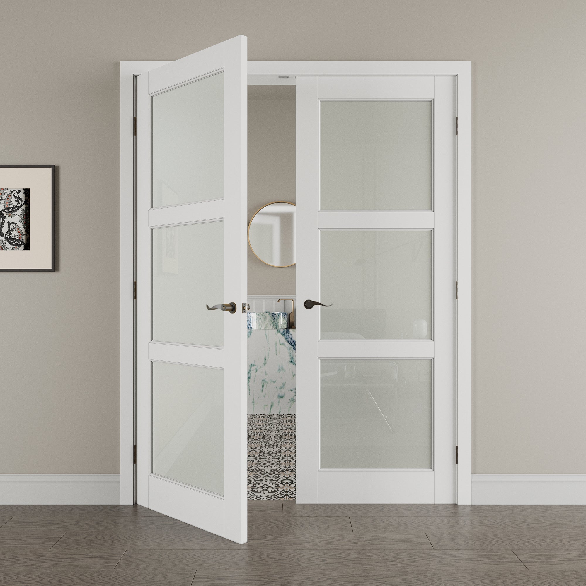 [Black Hardware Prehung French Door Collection] 3 Lite Frosted Glass White Solid Core Double Prehung French Door with Ready-to-Assemble Jamb