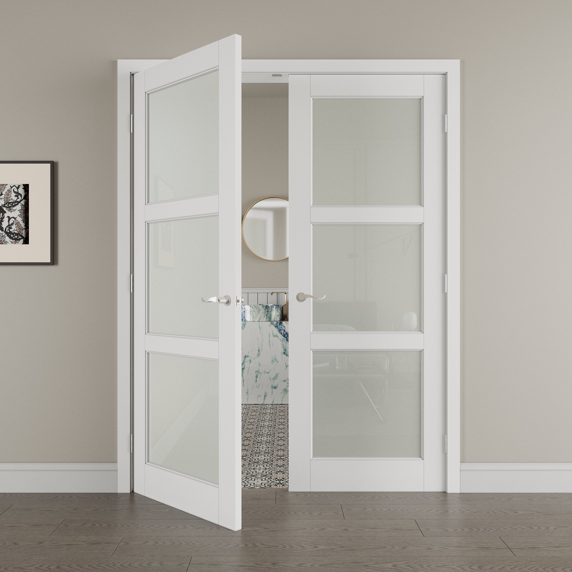 [Silver Hardware Prehung French Door Collection] 3 Lite Frosted Glass White Solid Core Double Prehung French Door with Sliver Handware kit & Ready-to-Assemble Jamb