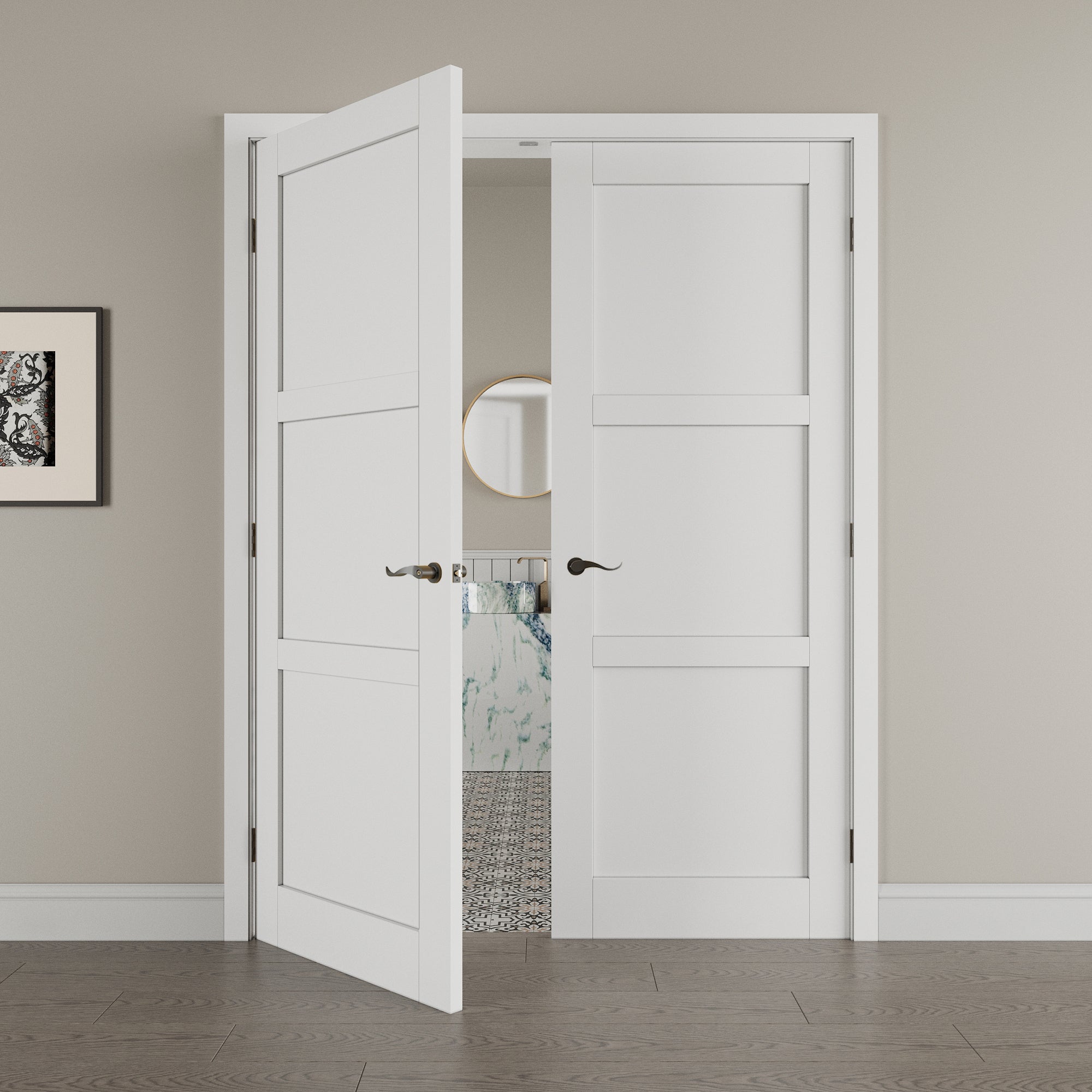 [Black Hardware Prehung French Door Collection] 3-Lite Panel French Door with Hardware Kit & Ready-to-Assemble Jamb, Solid Core MDF Wood, White