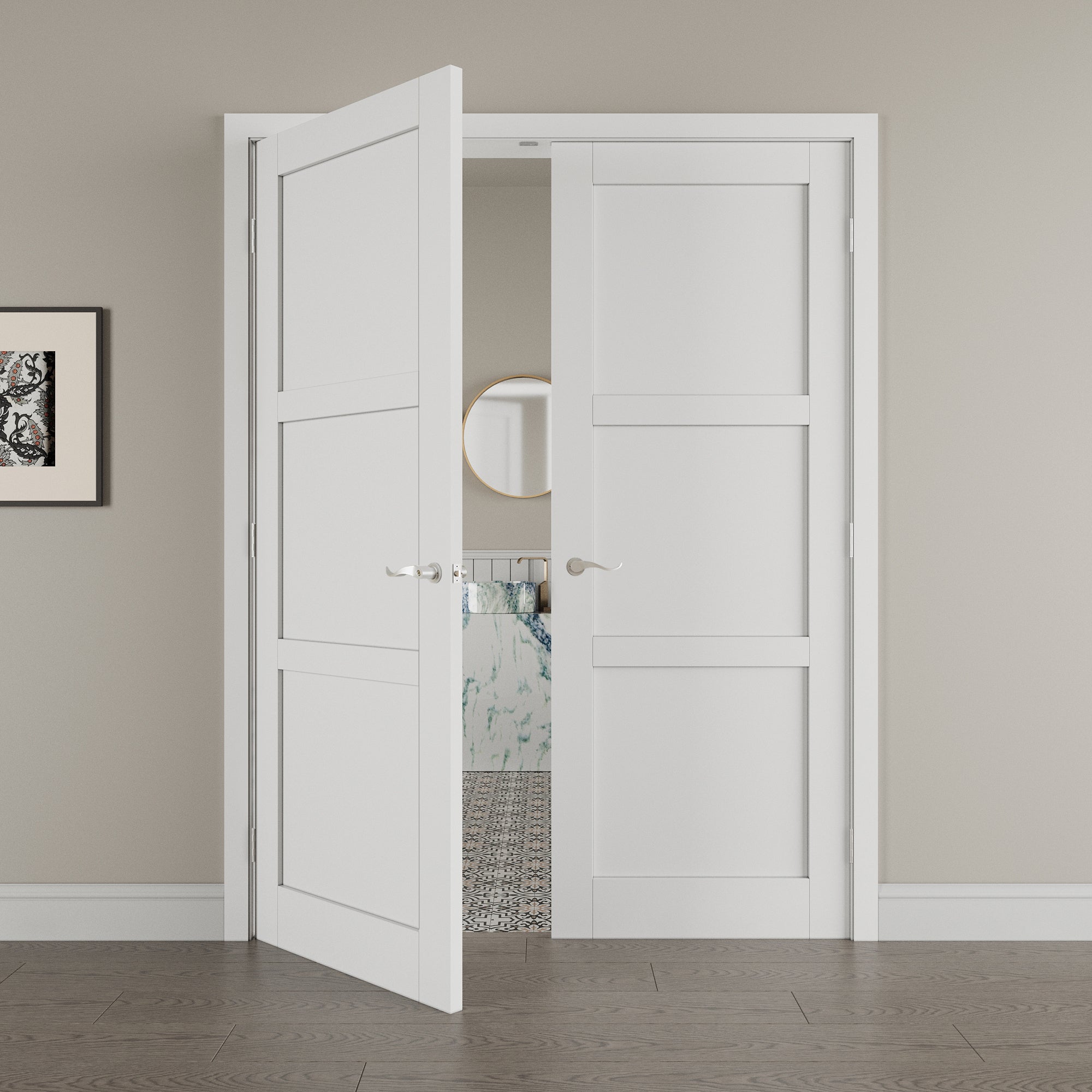 [Silver Hardware Prehung French Door Collection] 3-Lite Panel French Door with Sliver Hardware Kit & Ready-to-Assemble Jamb, Solid Core MDF Wood, White