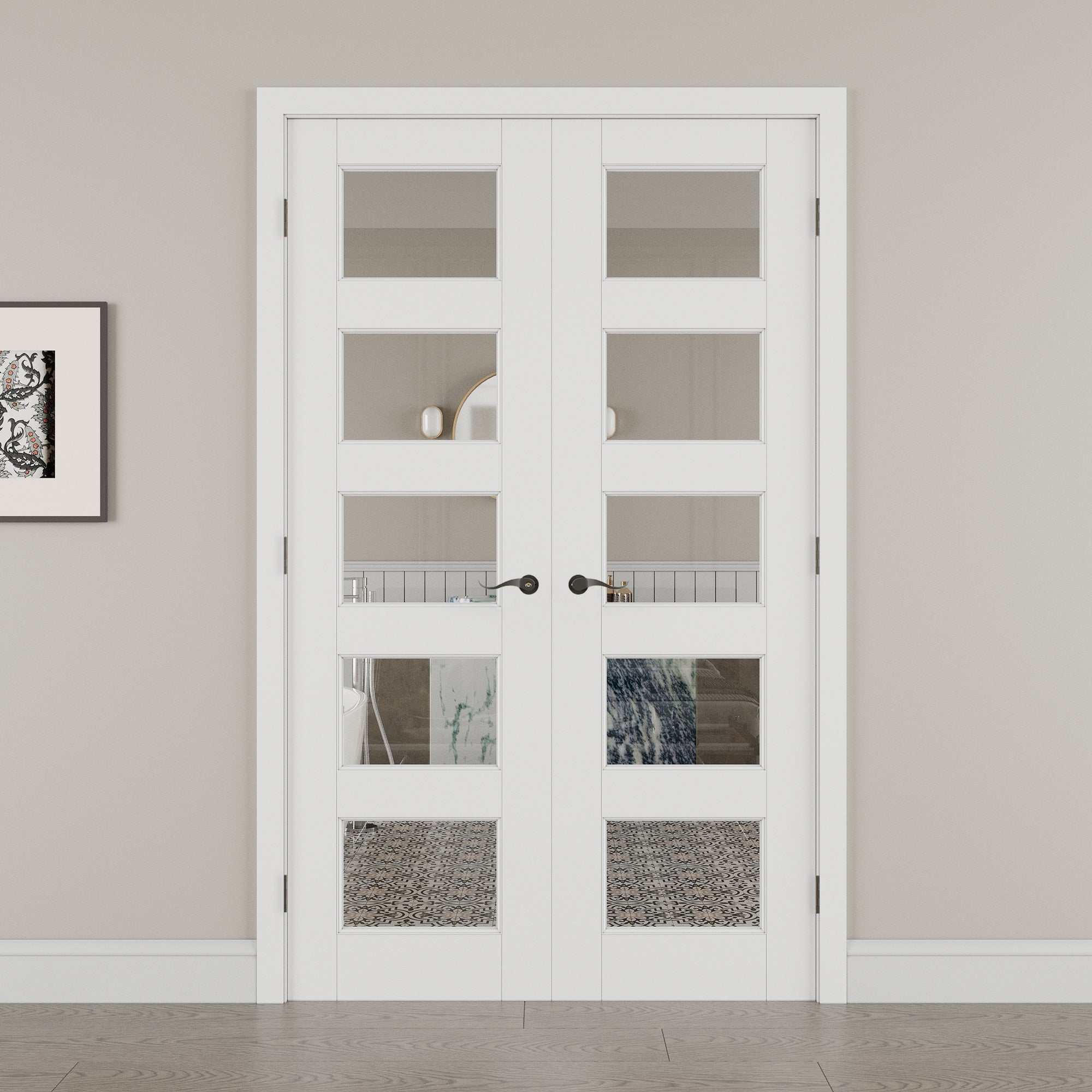 [Black Hardware Prehung French Door Collection] 5-Lite Clear Glass White Solid Core Double Prehung French Door with Ready-to-Assemble Jamb