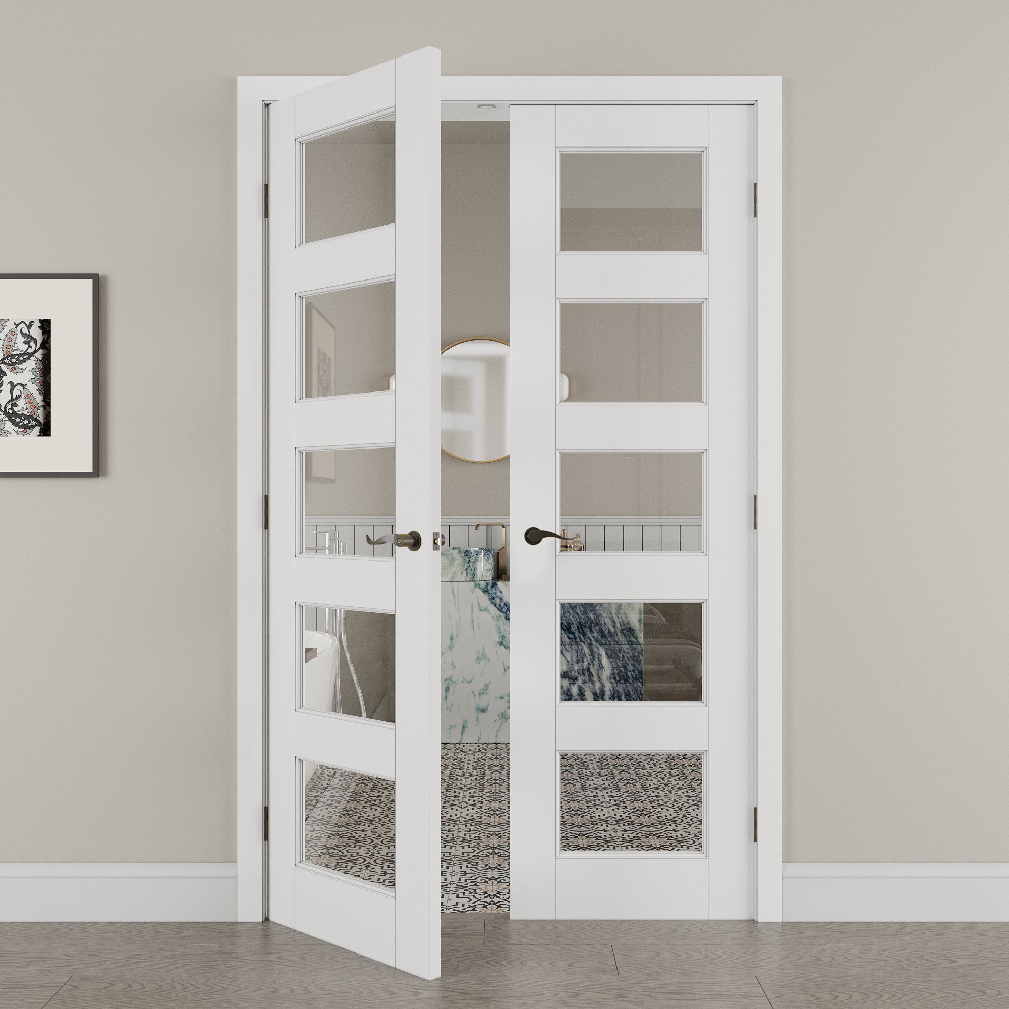 [Black Hardware Prehung French Door Collection] 5-Lite Clear Glass White Solid Core Double Prehung French Door with Ready-to-Assemble Jamb