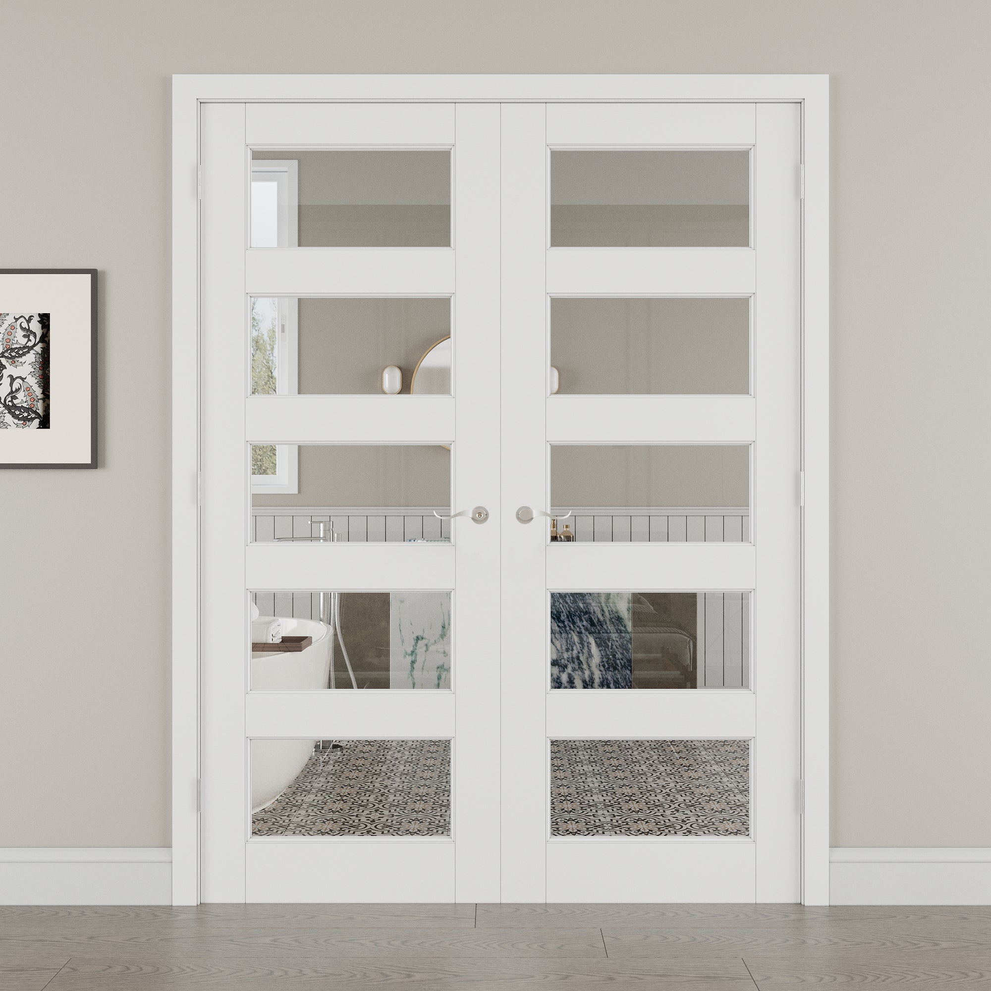 [Silver Hardware Prehung French Door Collection] 5-Lite Clear Glass White Solid Core Double Prehung French Door with Sliver Handware kit & Ready-to-Assemble Jamb