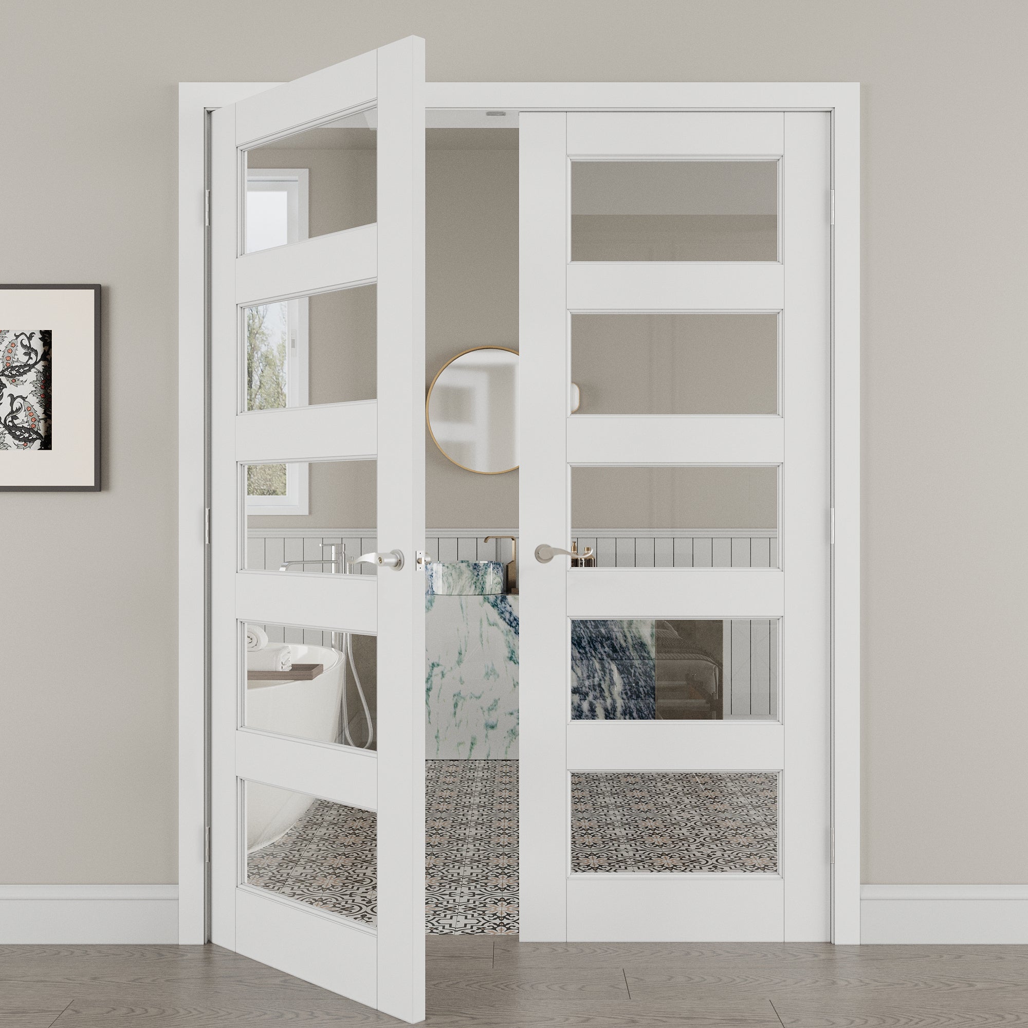 [Silver Hardware Prehung French Door Collection] 5-Lite Clear Glass White Solid Core Double Prehung French Door with Sliver Handware kit & Ready-to-Assemble Jamb
