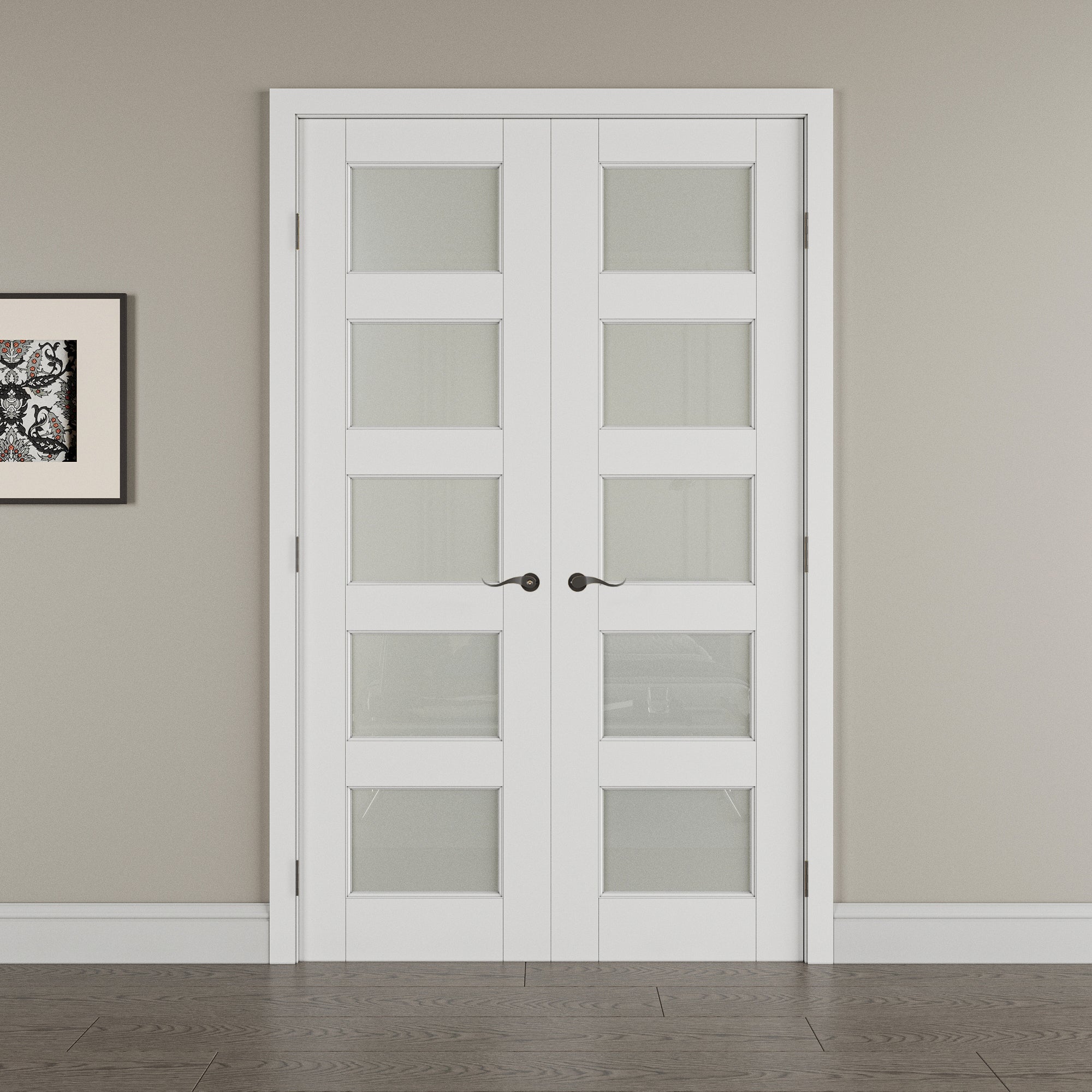 [Black Hardware Prehung French Door Collection] 5-Lite Frosted Glass White Solid Core Double Prehung French Door with Ready-to-Assemble Jamb