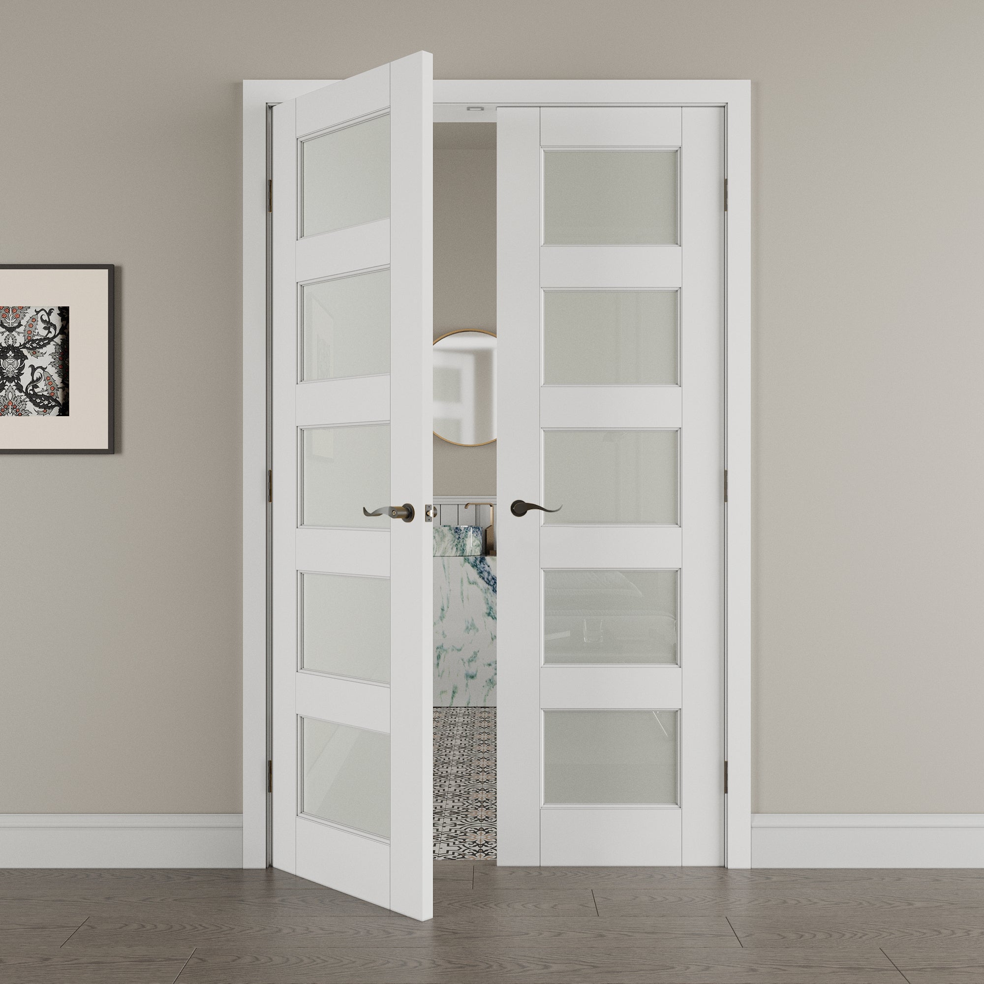 [Black Hardware Prehung French Door Collection] 5-Lite Frosted Glass White Solid Core Double Prehung French Door with Ready-to-Assemble Jamb