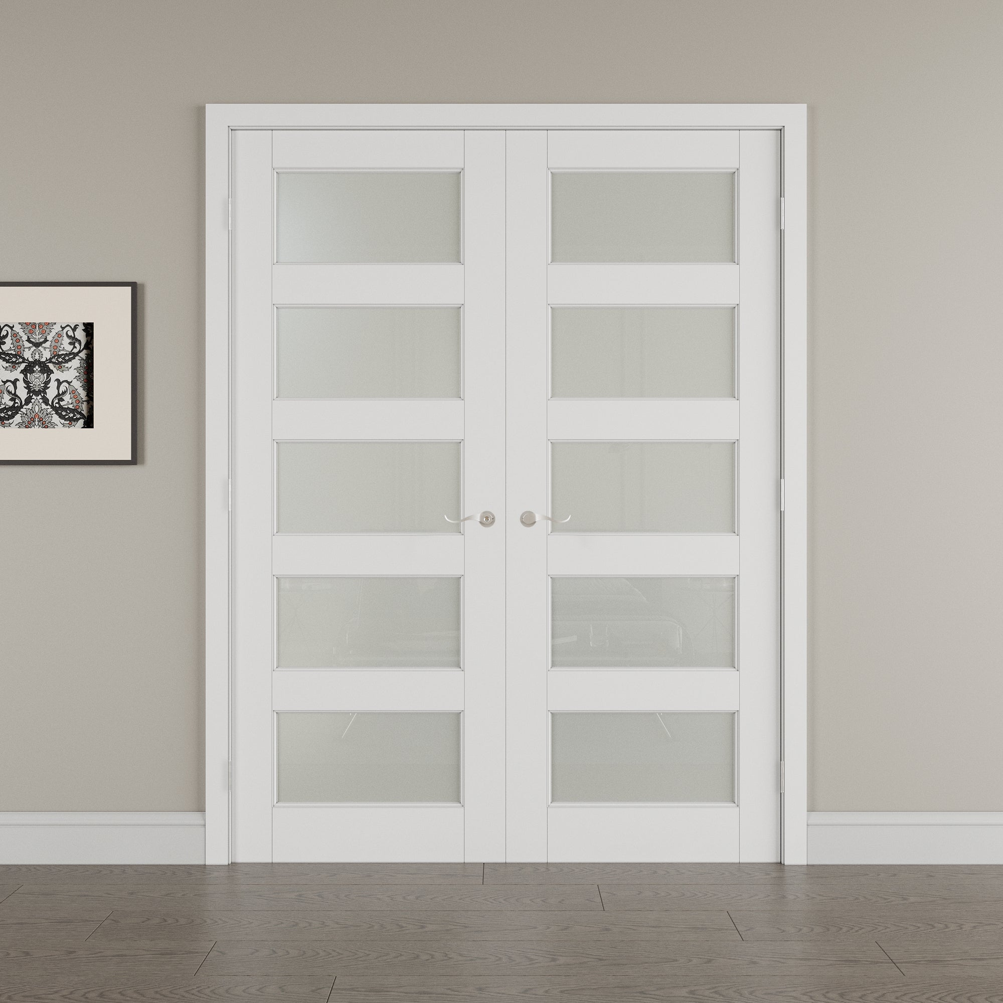[Silver Hardware Prehung French Door Collection] 5-Lite Frosted Glass White Solid Core Double Prehung French Door with Sliver Handware kit & Ready-to-Assemble Jamb