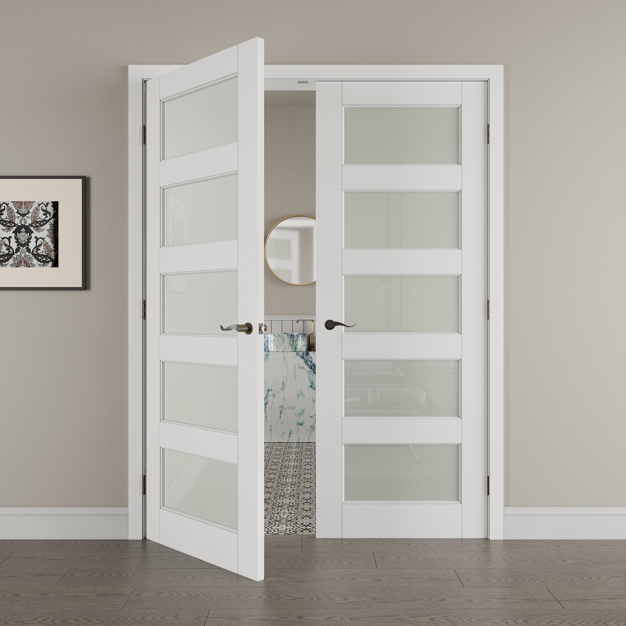 [Black Hardware Prehung French Door Collection] 5-Lite Frosted Glass White Solid Core Double Prehung French Door with Ready-to-Assemble Jamb