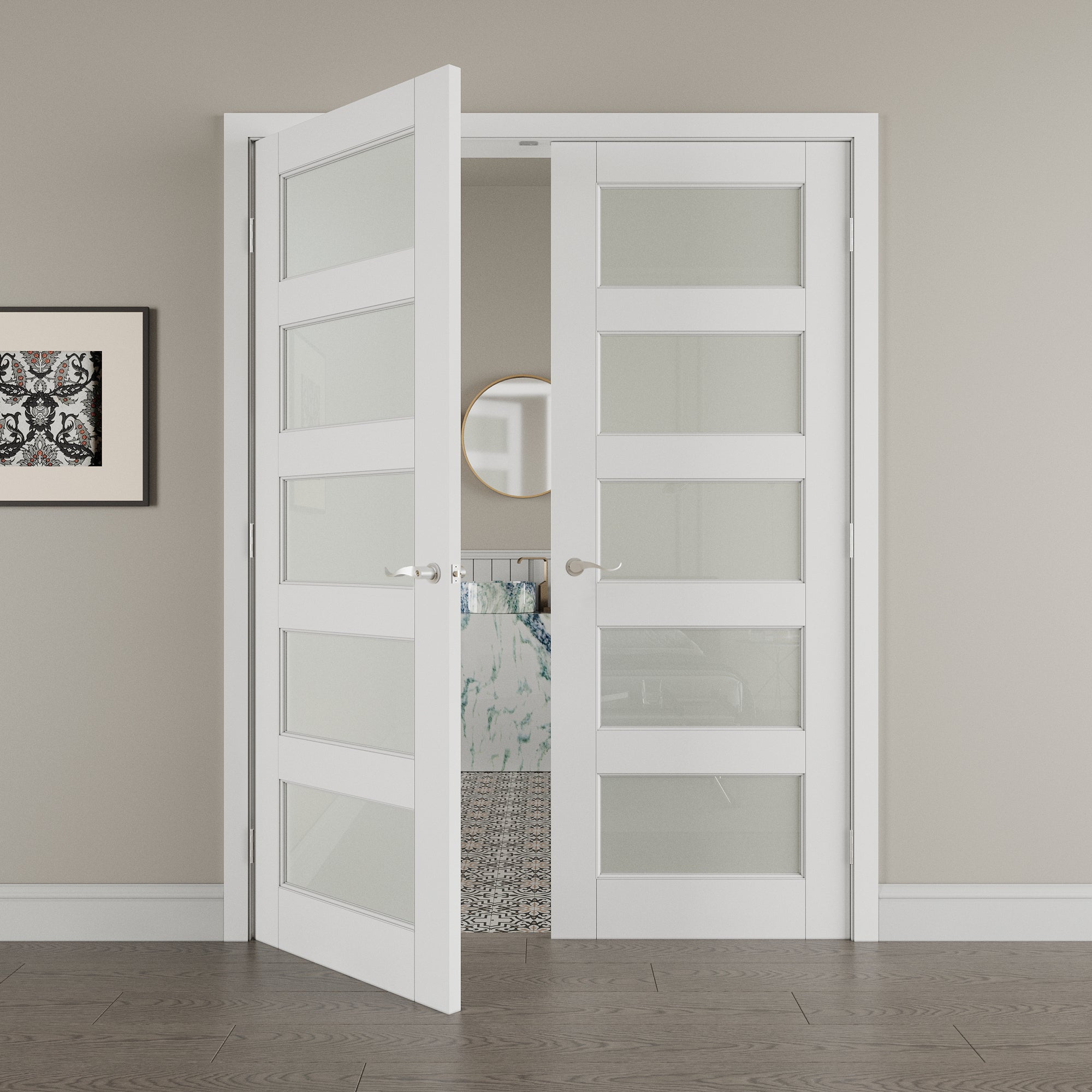 [Silver Hardware Prehung French Door Collection] 5-Lite Frosted Glass White Solid Core Double Prehung French Door with Sliver Handware kit & Ready-to-Assemble Jamb