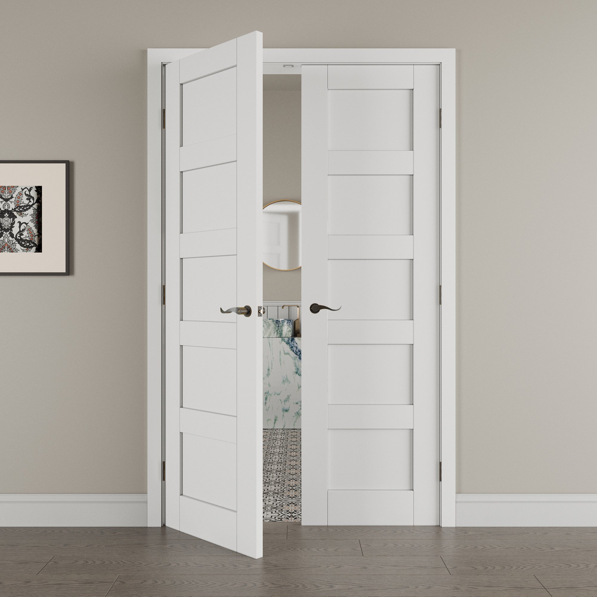 [Black Hardware Prehung French Door Collection] 5-Lite Panel French Door with Hardware Kit & Ready-to-Assemble Jamb, Solid Core MDF Wood, White
