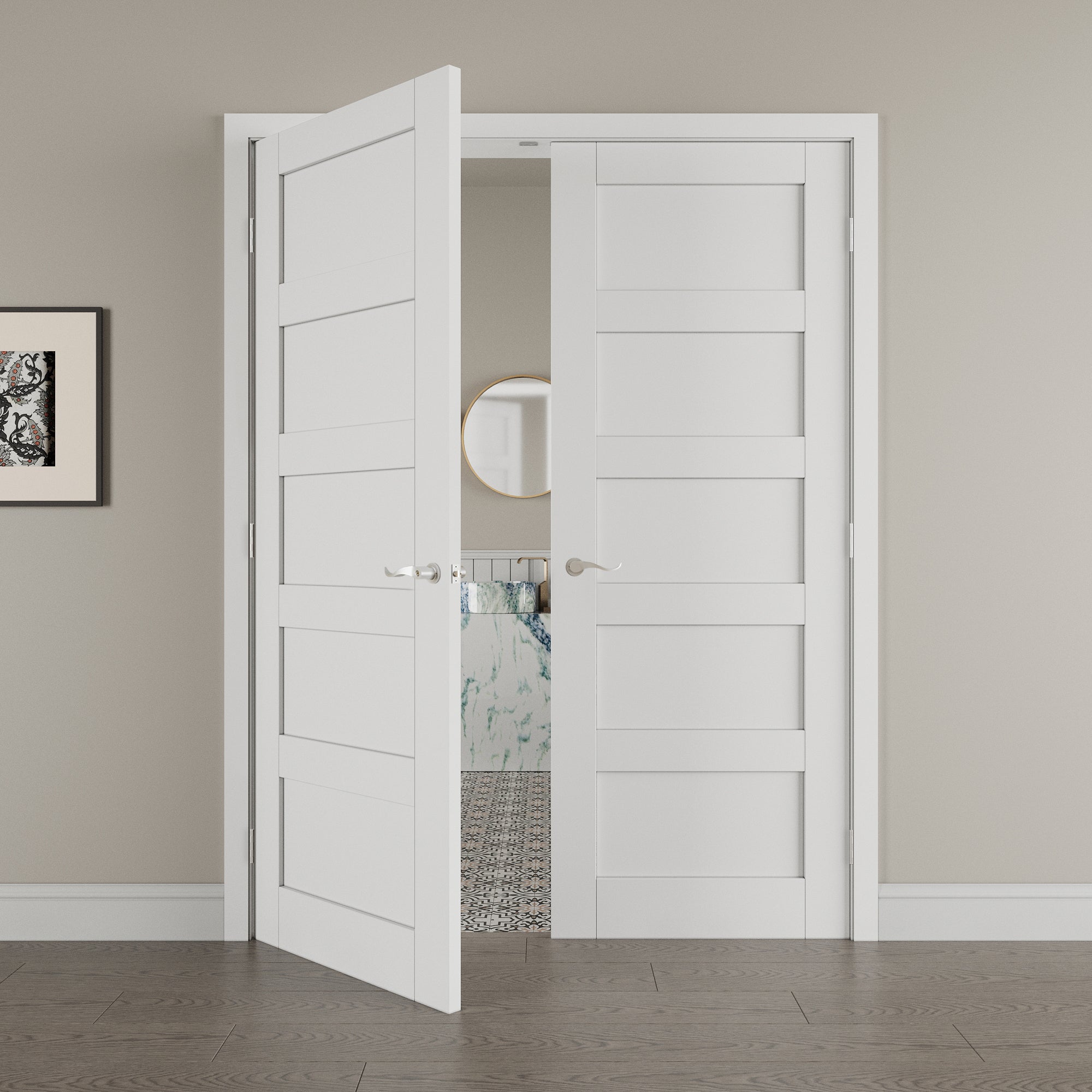 [Silver Hardware Prehung French Door Collection] 5-Lite Panel French Door with Sliver Hardware Kit & Ready-to-Assemble Jamb, Solid Core MDF Wood, White