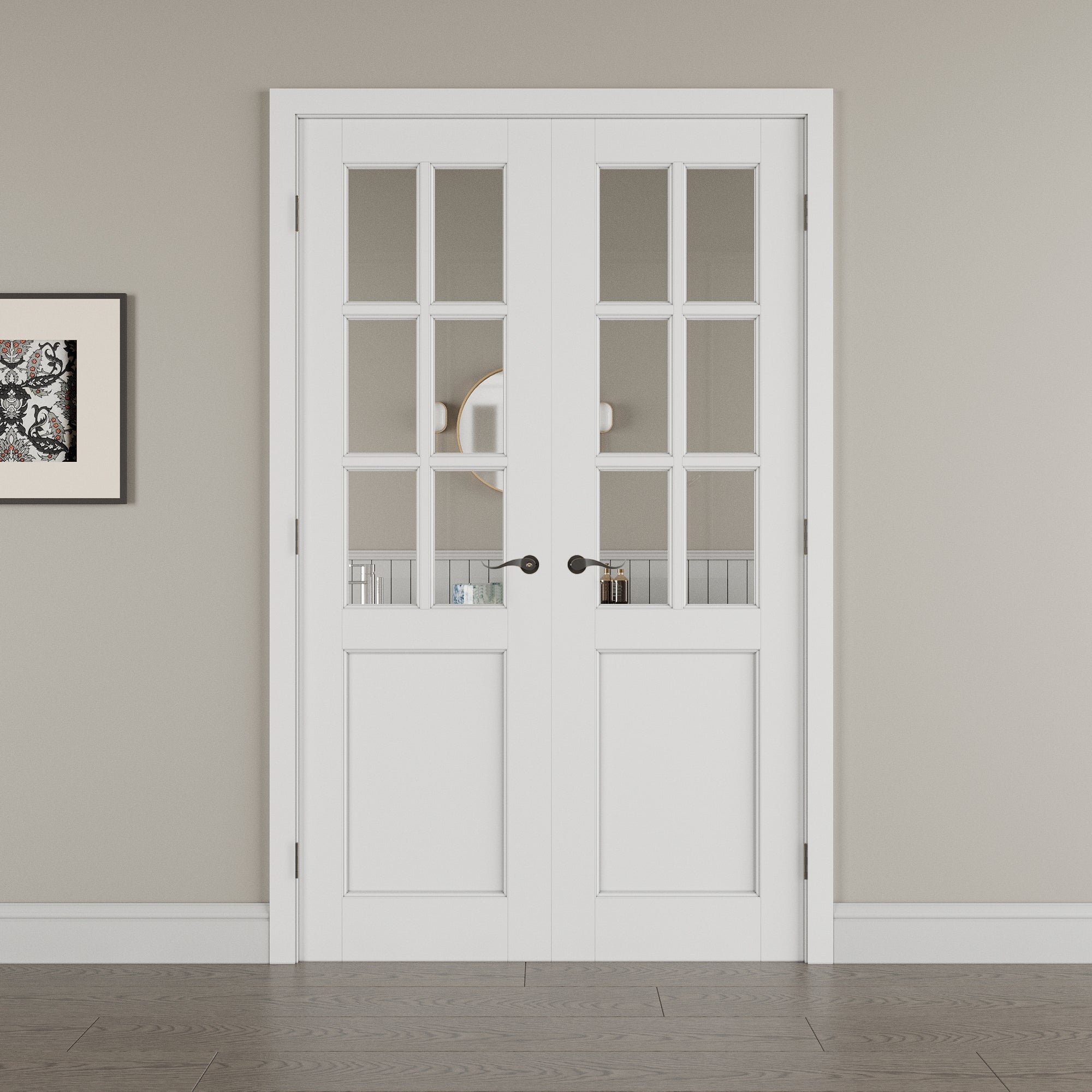 [Black Hardware Prehung French Door Collection] 6-Lite Clear Glass French Door with Hardware Kit & Ready-to-Assemble Jamb, Solid Core MDF Wood, White