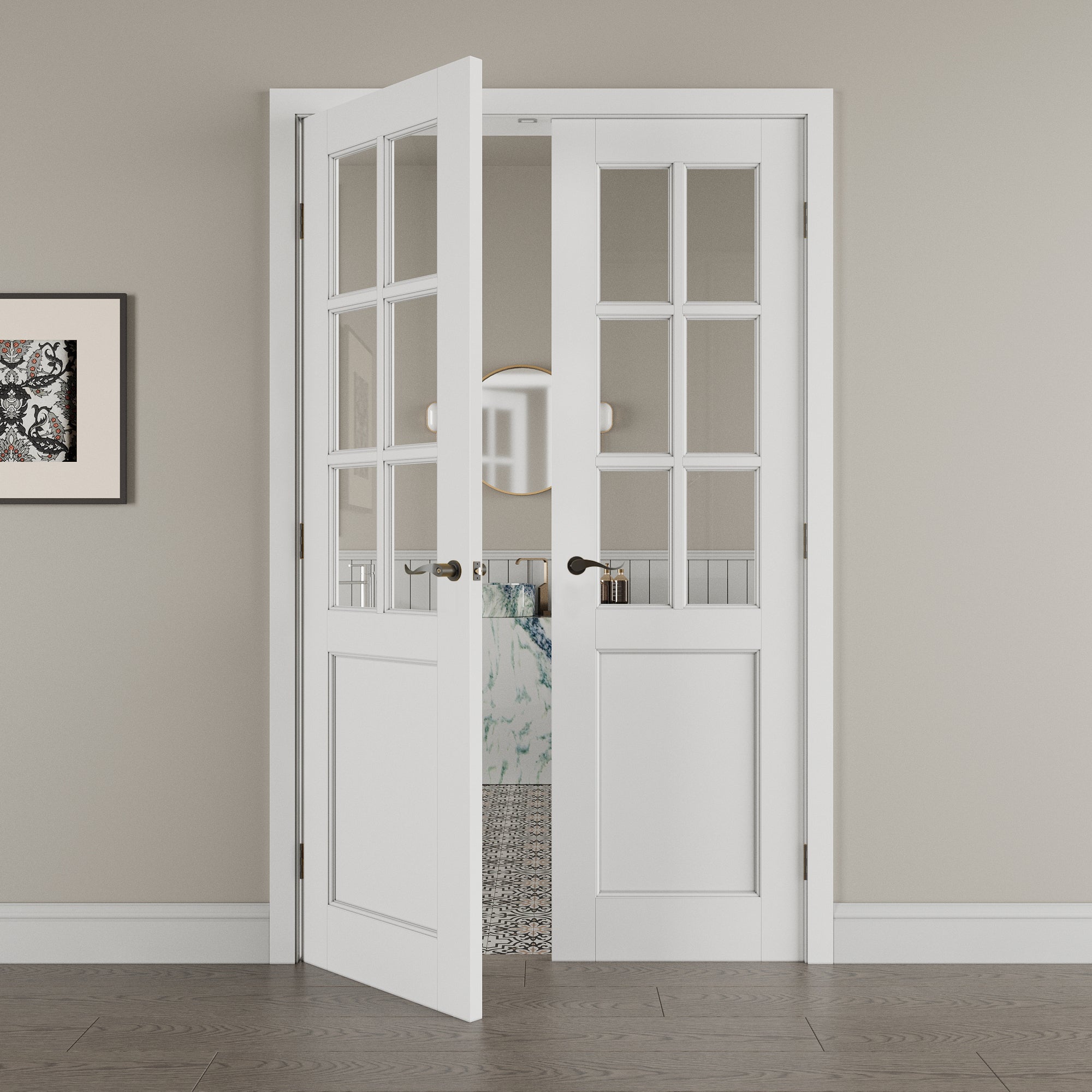 [Black Hardware Prehung French Door Collection] 6-Lite Clear Glass French Door with Hardware Kit & Ready-to-Assemble Jamb, Solid Core MDF Wood, White