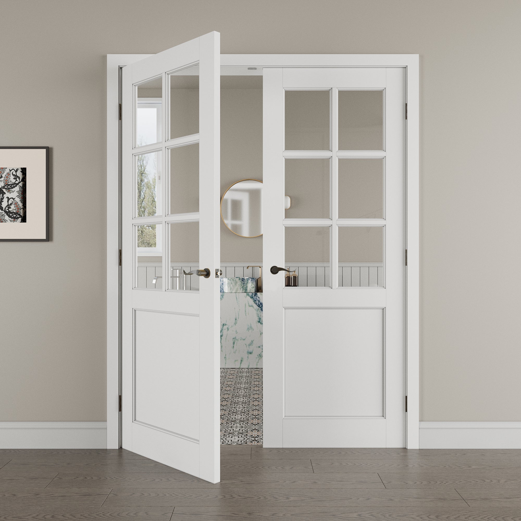 [Black Hardware Prehung French Door Collection] 6-Lite Clear Glass French Door with Hardware Kit & Ready-to-Assemble Jamb, Solid Core MDF Wood, White