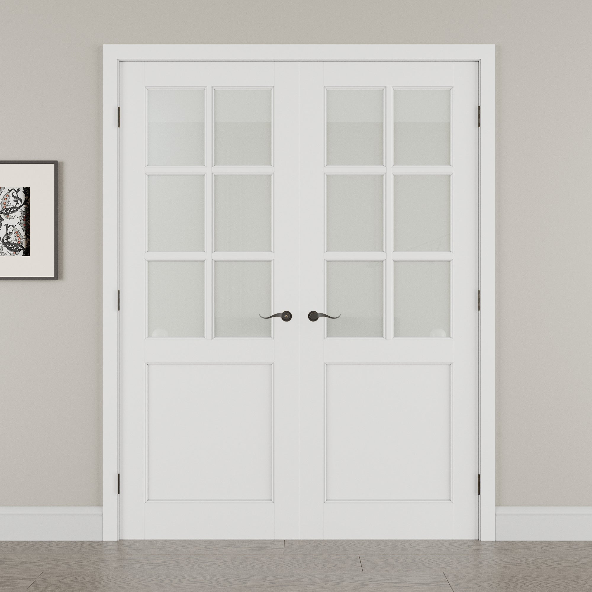 [Black Hardware Prehung French Door Collection] 6-Lite Frosted Glass French Door with Hardware Kit & Ready-to-Assemble Jamb, Solid Core MDF Wood, White