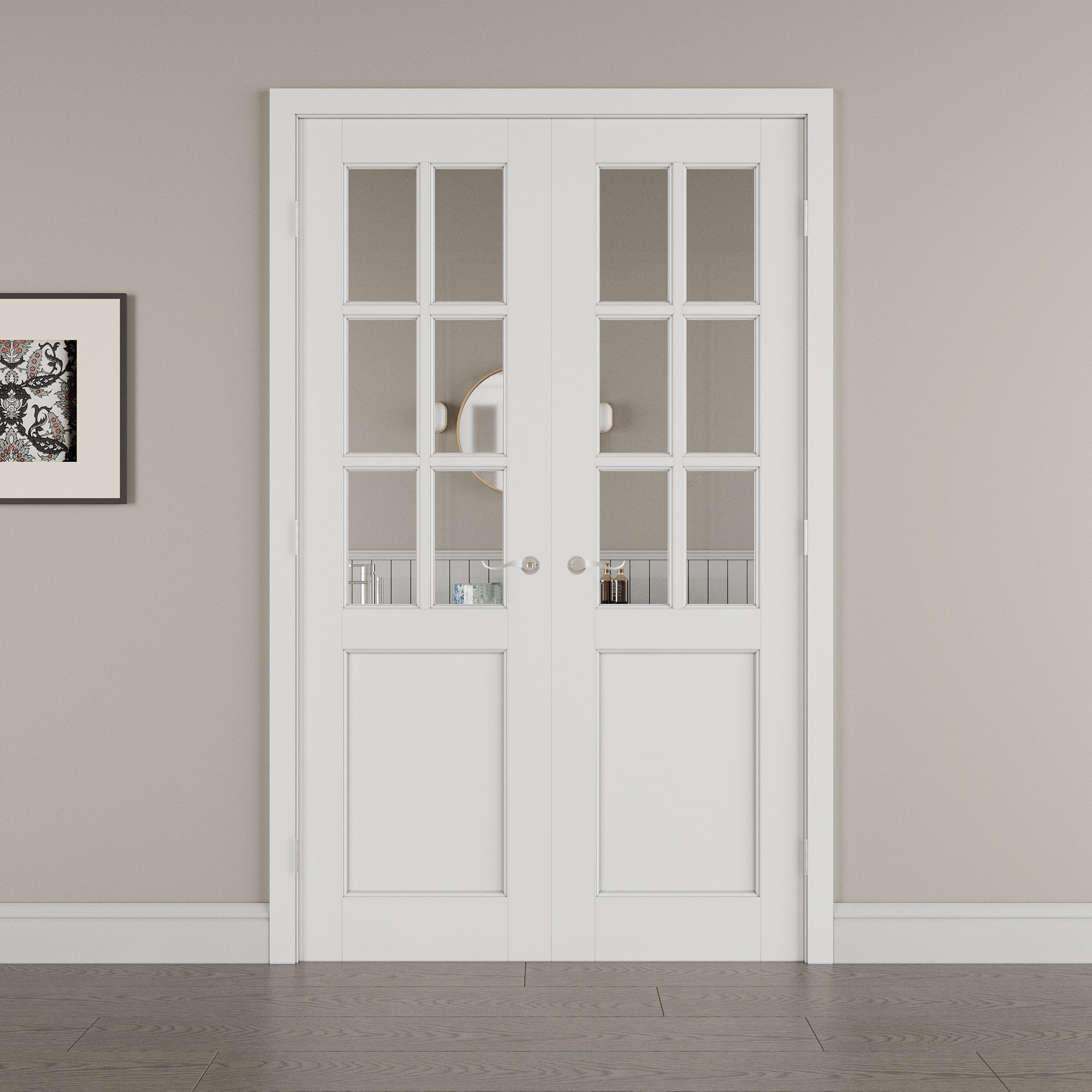 [Silver Hardware Prehung French Door Collection] 6-Lite Clear Glass French Door with Sliver Hardware Kit & Ready-to-Assemble Jamb, Solid Core MDF Wood, White