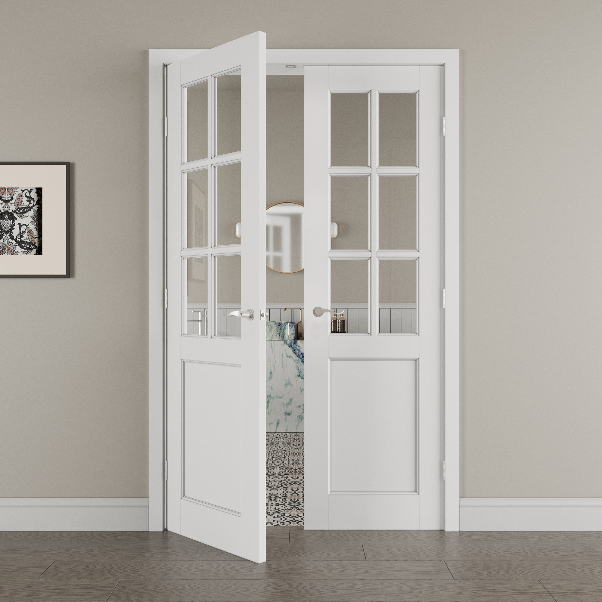 [Silver Hardware Prehung French Door Collection] 6-Lite Clear Glass French Door with Sliver Hardware Kit & Ready-to-Assemble Jamb, Solid Core MDF Wood, White