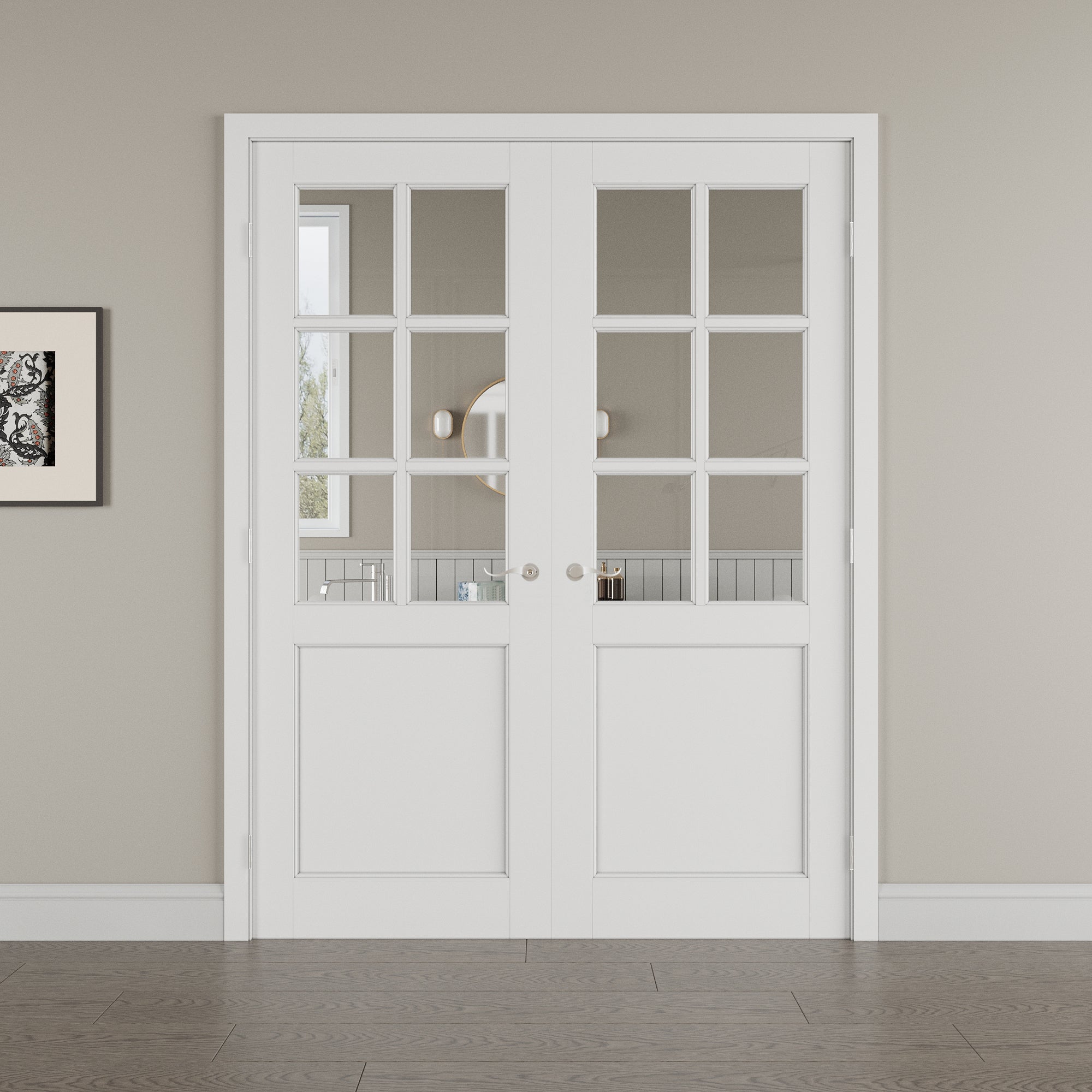 [Silver Hardware Prehung French Door Collection] 6-Lite Clear Glass French Door with Sliver Hardware Kit & Ready-to-Assemble Jamb, Solid Core MDF Wood, White