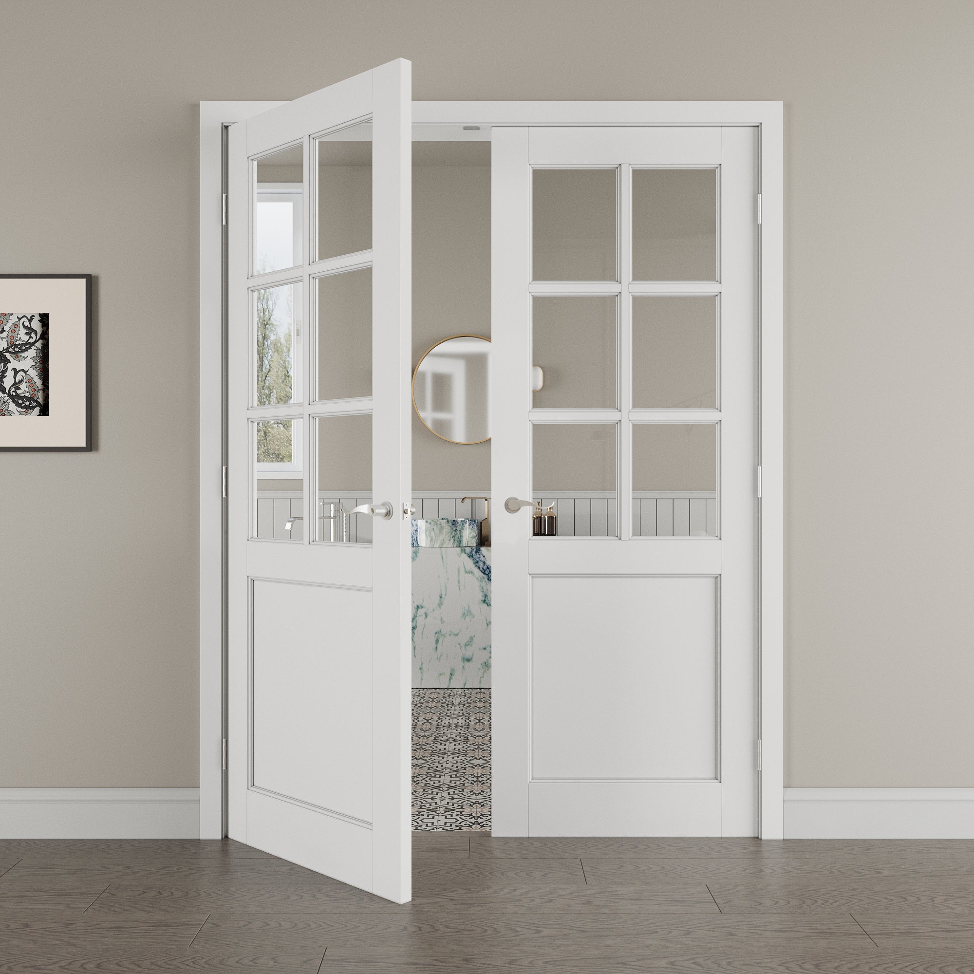 [Silver Hardware Prehung French Door Collection] 6-Lite Clear Glass French Door with Sliver Hardware Kit & Ready-to-Assemble Jamb, Solid Core MDF Wood, White
