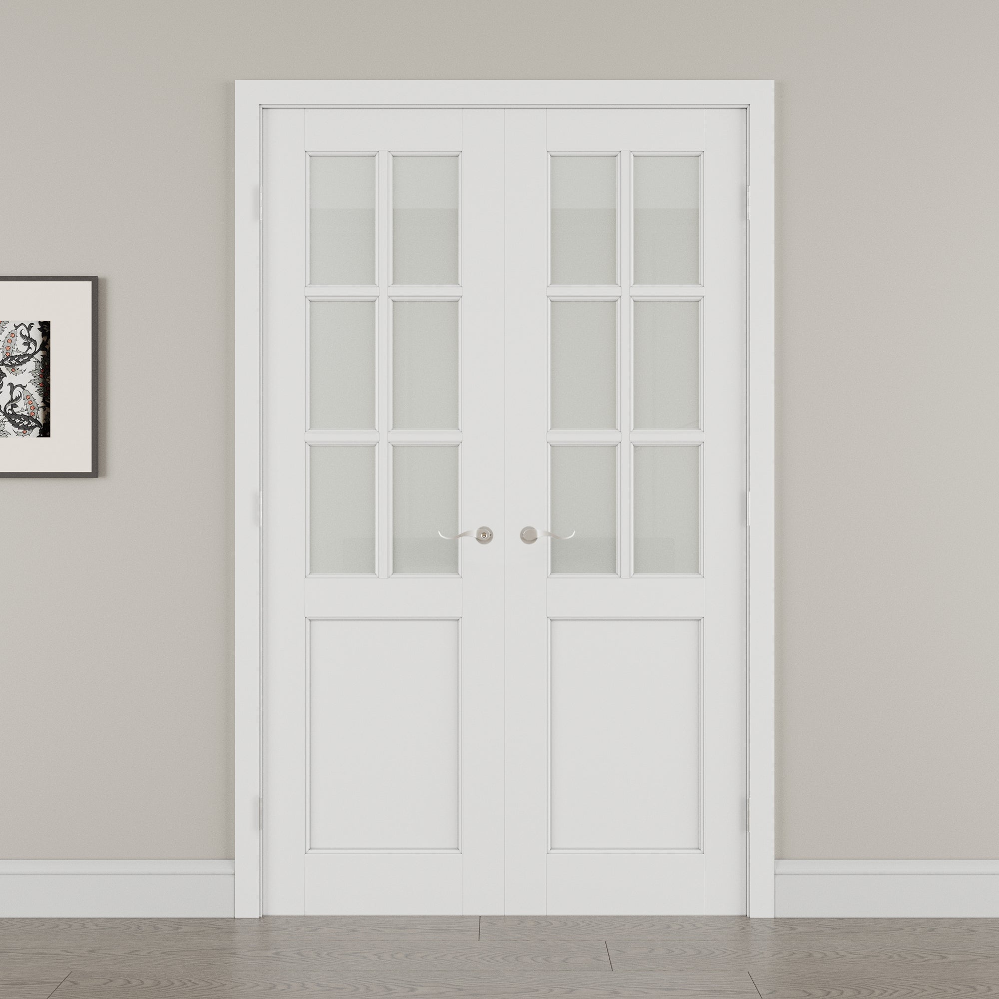 [Silver Hardware Prehung French Door Collection] 6-Lite Frosted Glass French Door with Sliver Hardware Kit & Ready-to-Assemble Jamb, Solid Core MDF Wood, White