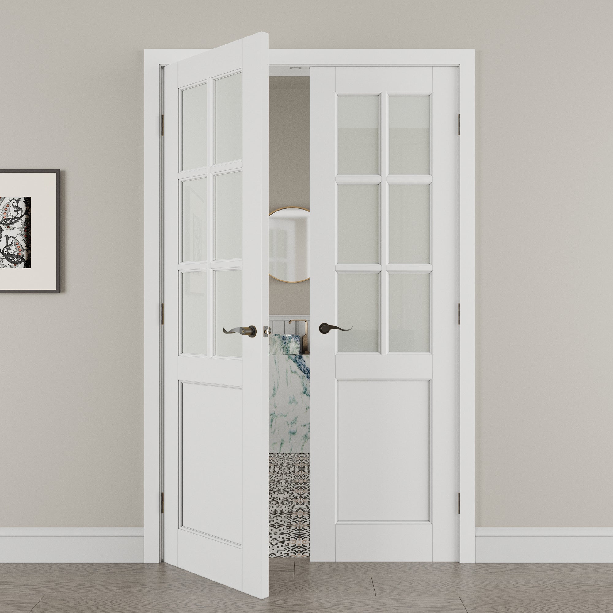[Black Hardware Prehung French Door Collection] 6-Lite Frosted Glass French Door with Hardware Kit & Ready-to-Assemble Jamb, Solid Core MDF Wood, White