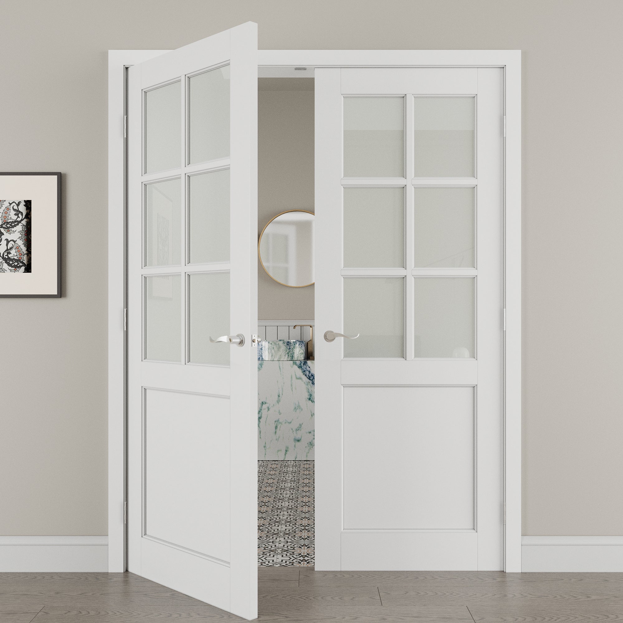 [Silver Hardware Prehung French Door Collection] 6-Lite Frosted Glass French Door with Sliver Hardware Kit & Ready-to-Assemble Jamb, Solid Core MDF Wood, White
