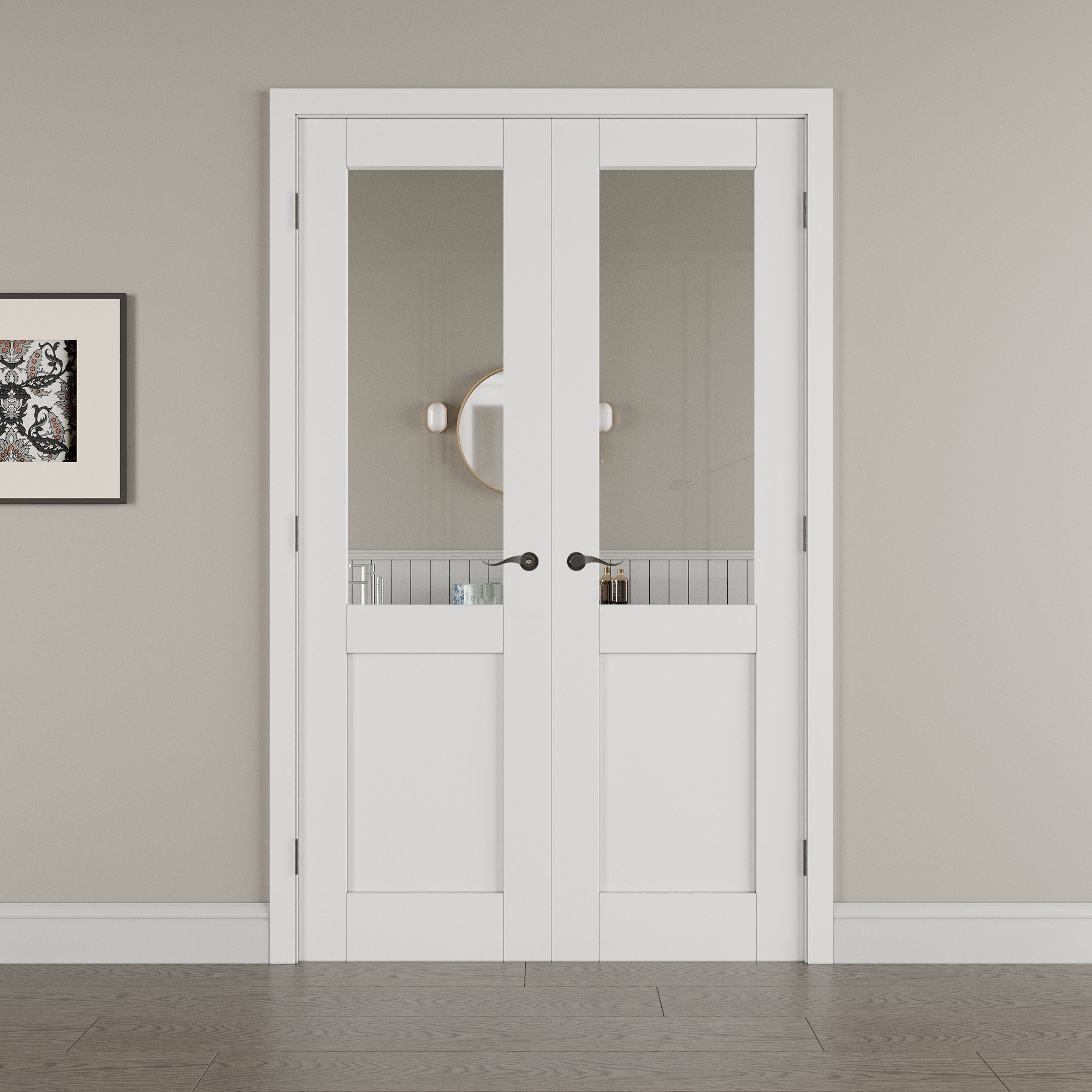 [Black Hardware Prehung French Door Collection] Half Lite Clear Glass White Solid Core Double Prehung French Door with Ready-to-Assemble Jamb