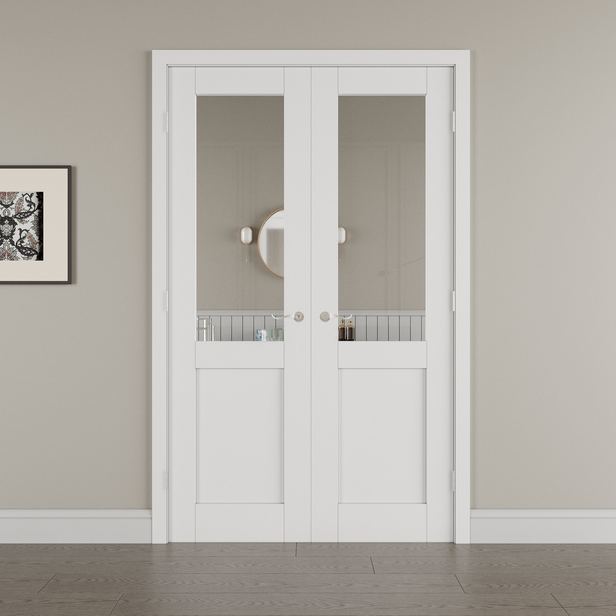 [Silver Hardware Prehung French Door Collection] Half Lite Clear Glass White Solid Core Double Prehung French Door with Sliver Handware kit & Ready-to-Assemble Jamb